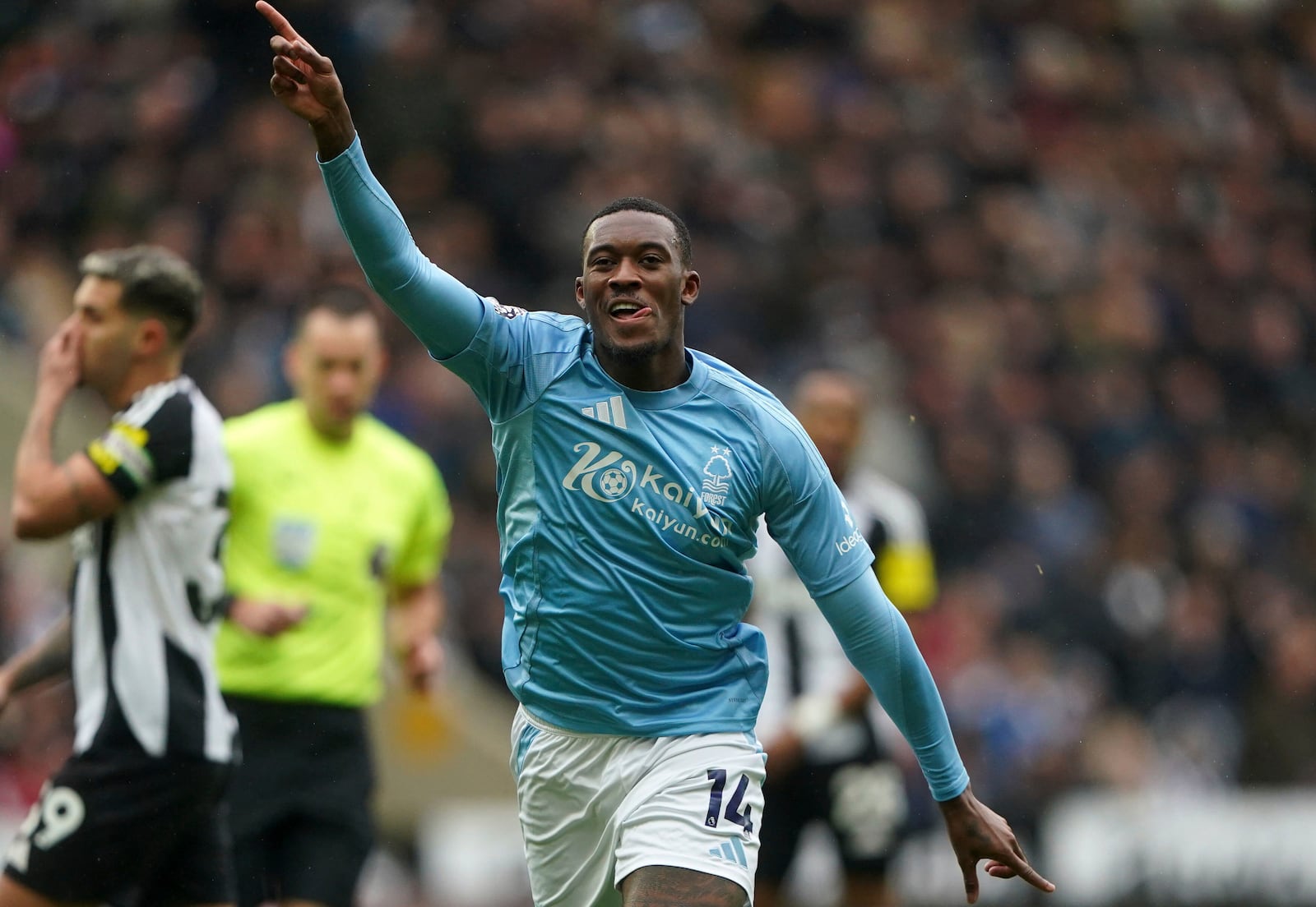 Nottingham Forest's Callum Hudson-Odoi celebrates scoring during the English Premier League soccer match between Newcastle United and Nottingham Forest at St James' Park, Newcastle upon Tyne, England, Sunday, Feb. 23, 2025. (Owen Humphreys/PA via AP)