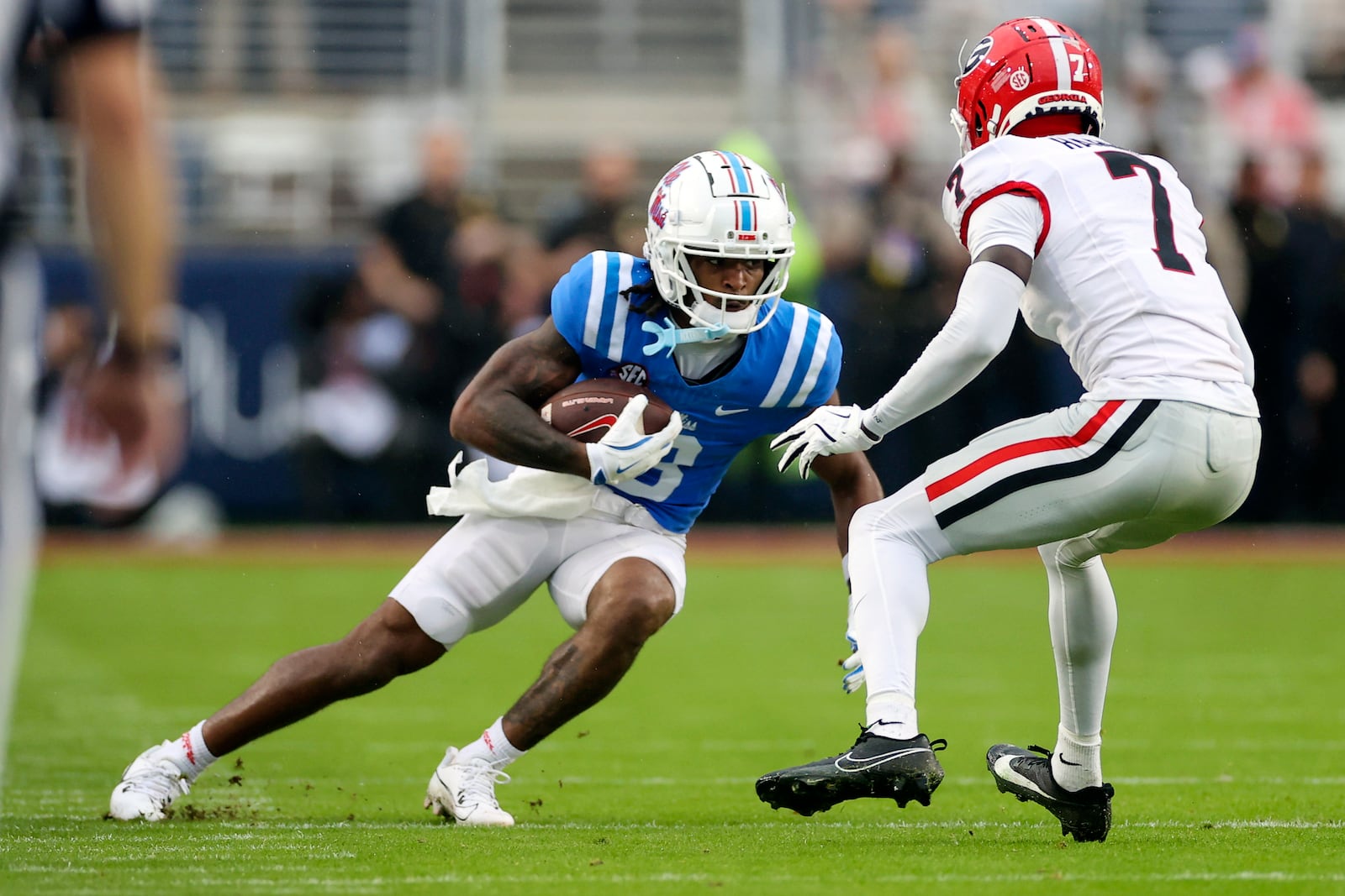 Mississippi wide receiver Antwane Wells Jr. (3) runs the ball during the first half of an NCAA college football game against Georgia, Saturday, Nov. 9, 2024, in Oxford, Miss. (AP Photo/Randy J. Williams)