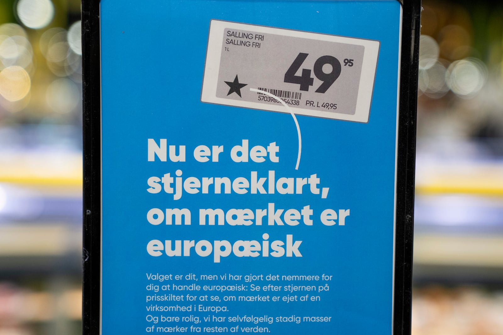 A sign in Bilka supermarket in Randers, Denmark, reads: ''Now it's star-clear whether the label is European. The choice is yours, but we've made it easier for you to shop European: Look for the star on the price tag to see if the label is owned by a company in Europe. And don't worry, we still have plenty of labels from the rest of the world.'', Monday, March 17, 2025. (Bo Amstrup/Ritzau Scanpix via AP)