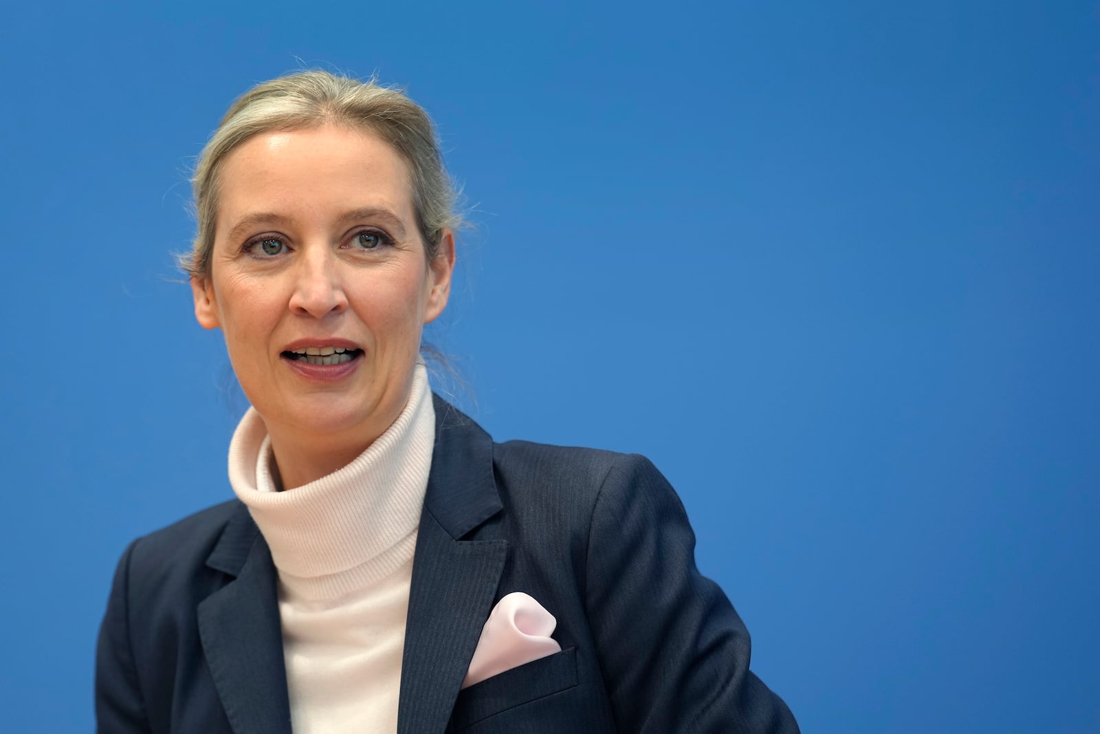 Alice Weidel, co-leader of the Alternative for Germany Party (AfD), arrives for a press conference in Berlin, Germany, Monday, Feb. 24, 2025, the day after the national election. (AP Photo/Markus Schreiber)