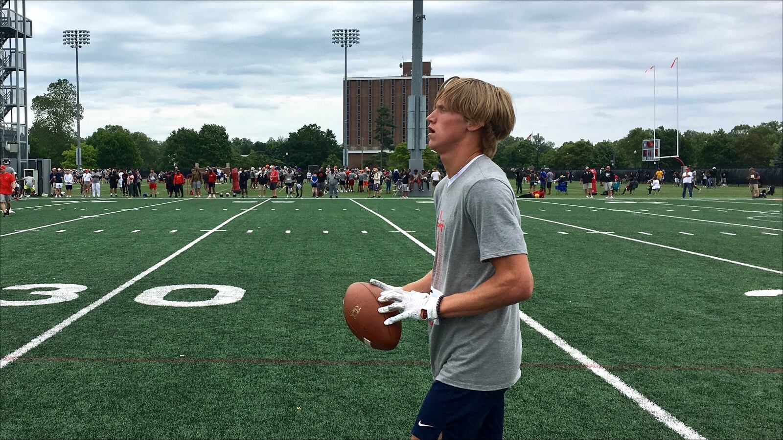 Texas receiver Drew Donley, son of former Ohio State standout Doug Donley, works out at the Buckeyes camp on June 15 in Columbus.