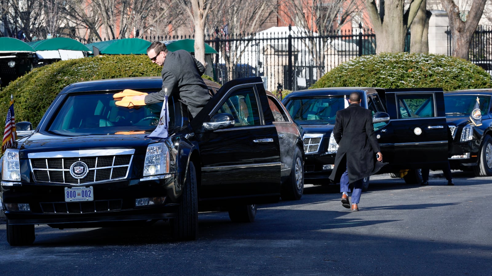 Vehicles to be used to motorcade President-elect Donald Trump and Melania Trump and President Joe Biden and first lady Jill Biden to the Capitol, are prepared at the White House, Monday, Jan. 20, 2025, in Washington. (AP Photo/Alex Brandon)