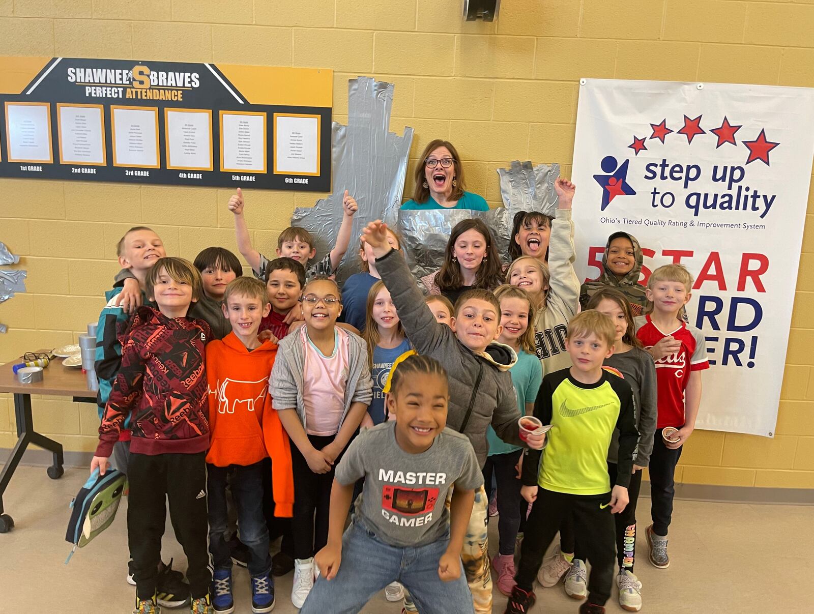 Shawnee Elementary Administrators partnered with the PTO for the Read-A-Thon fundraiser. Students raised over $6,000 in donations, so PreK-2nd Grade Principal Amanda Shaffer volunteered to be duct taped to the cafeteria wall during lunch hours. Contributed