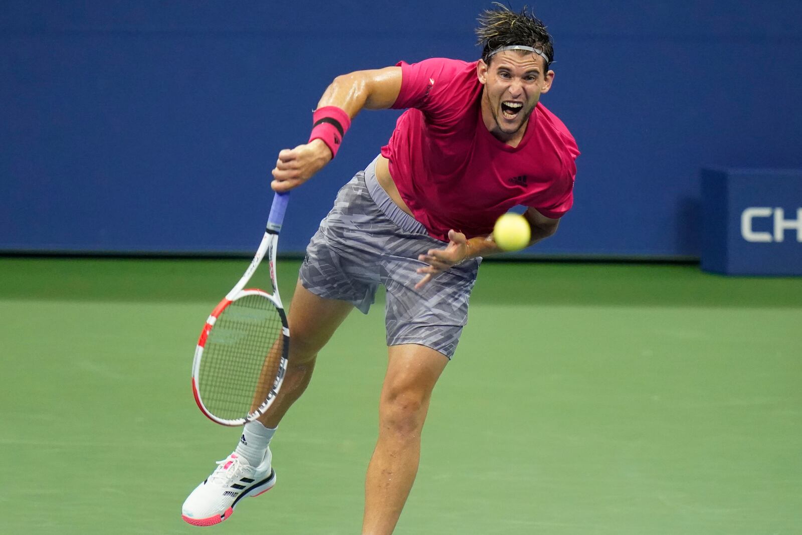 Dominic Thiem, of Austria, serves to Alex de Minaur, of Australia, during the quarterfinal round of the US Open tennis championships, Wednesday, Sept. 9, 2020, in New York. (AP Photo/Frank Franklin II)