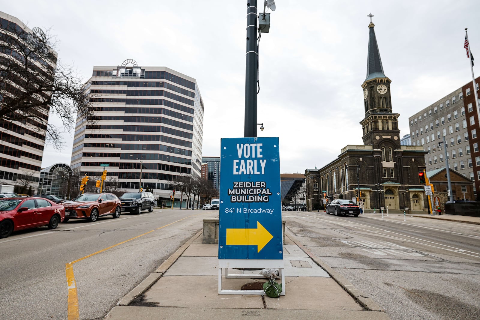 A sign along a street in Milwaukee, Wis., Tuesday, March 18, 2025. (AP Photo/Jeffrey Phelps)