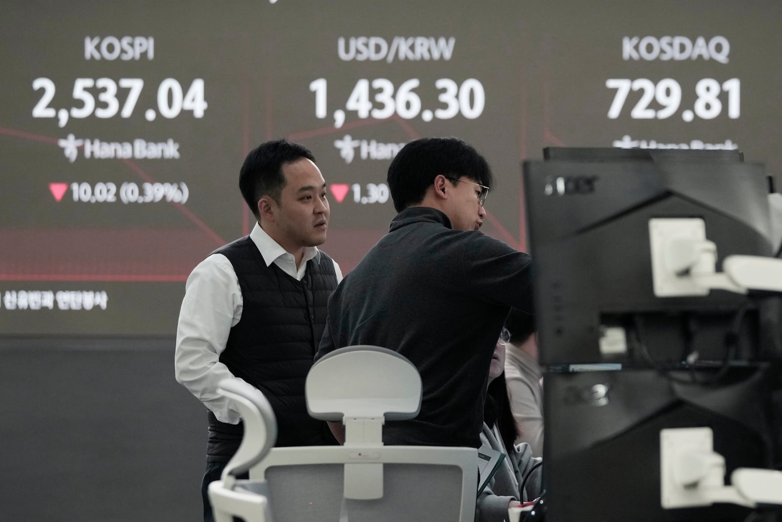 Currency traders watch monitors near a screen showing the Korea Composite Stock Price Index (KOSPI), top left, and the foreign exchange rate between U.S. dollar and South Korean won, top center, at the foreign exchange dealing room of the KEB Hana Bank headquarters in Seoul, South Korea, Thursday, Jan. 23, 2025. (AP Photo/Ahn Young-joon)