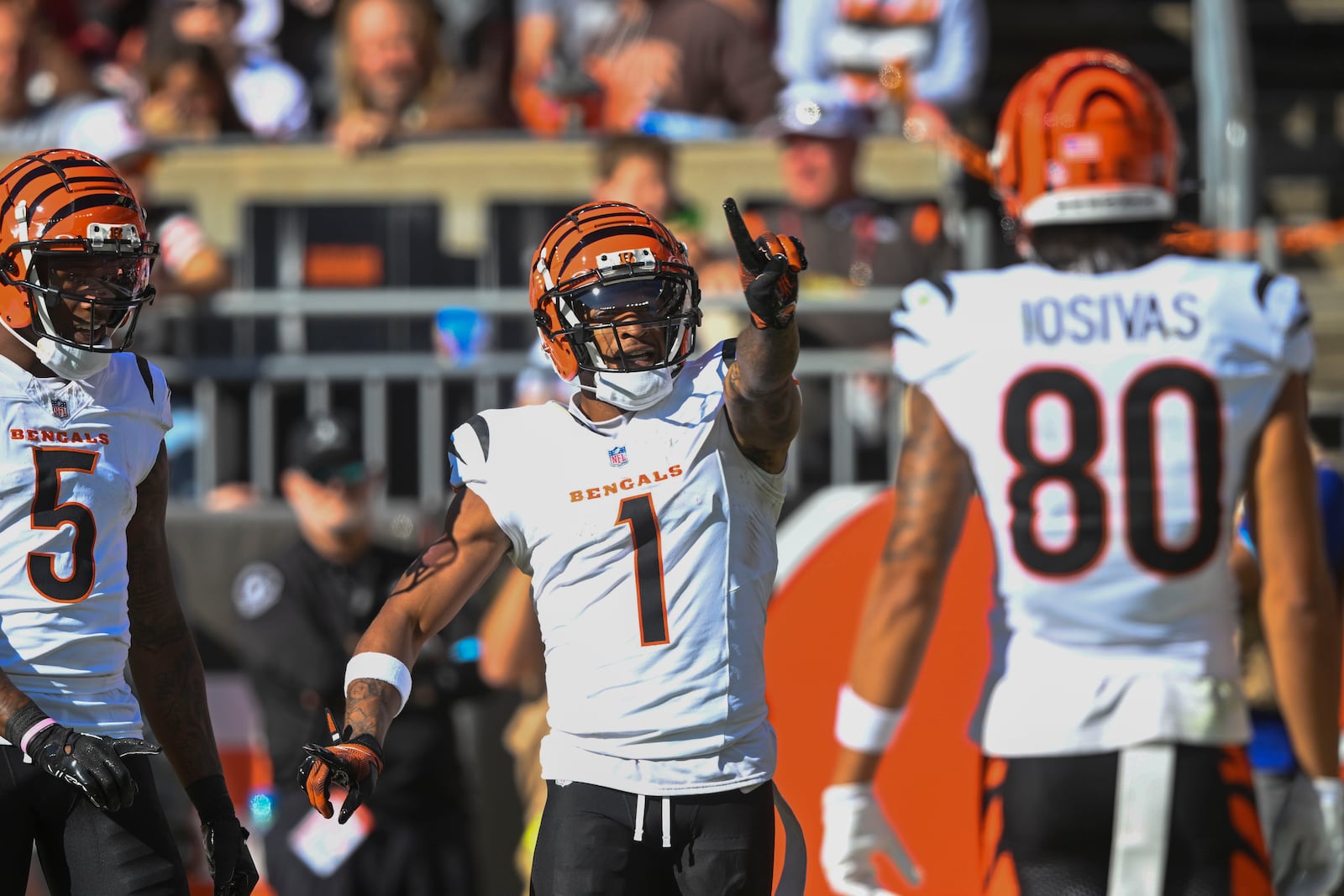 Cincinnati Bengals wide receiver Ja'Marr Chase (1) celebrates a touchdown reception in the second half of an NFL football game against the Cleveland Browns, Sunday, Oct. 20, 2024, in Cleveland. (AP Photo/David Richard)