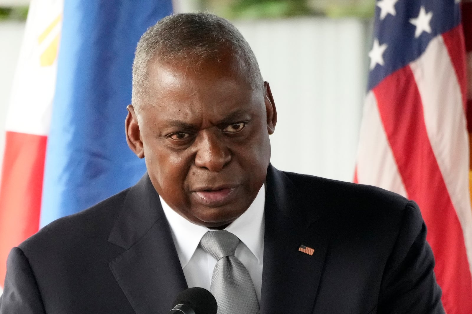 U.S. Defense Secretary Lloyd Austin delivers a speech during a groundbreaking ceremony for the Combined Coordination Center at Camp Aguinaldo military headquarters in Quezon City, Philippines Monday, Nov. 18, 2024. (AP Photo/Aaron Favila)