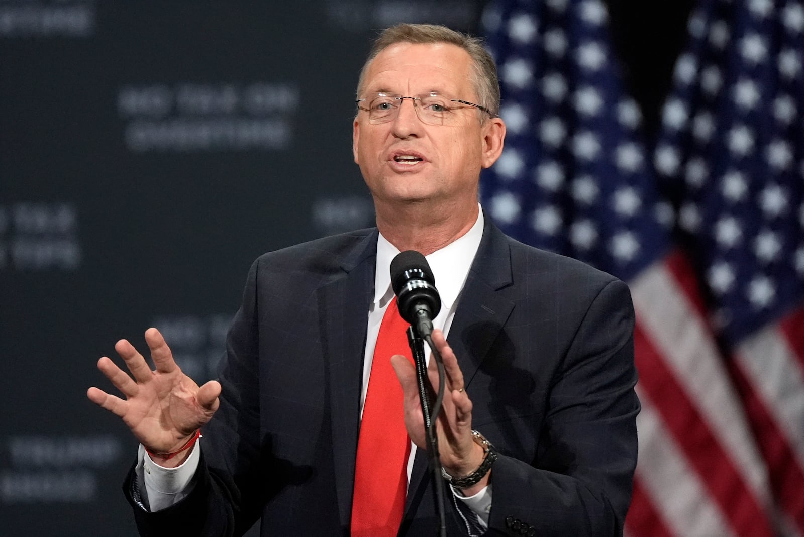 FILE - Former Rep. Doug Collins speaks before Republican presidential nominee former President Donald Trump at a campaign event at the Cobb Energy Performing Arts Centre, Oct. 15, 2024, in Atlanta. (AP Photo/John Bazemore, File)