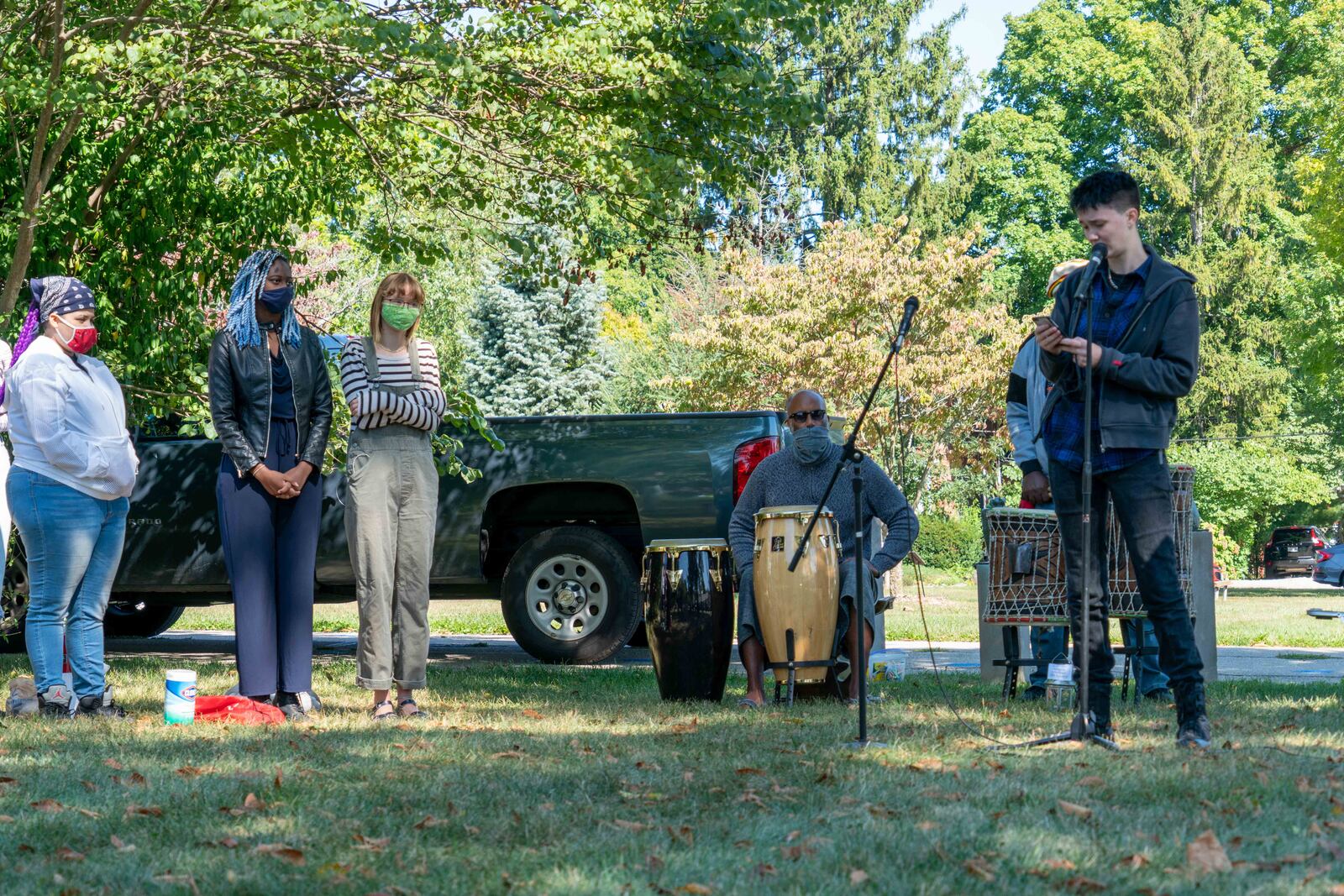 At a Black Lives Matter rally in Yellow Springs on Saturday, Sept. 19, Sayre Hudson (right) speaks about this week's topic: LGBT+ issues.