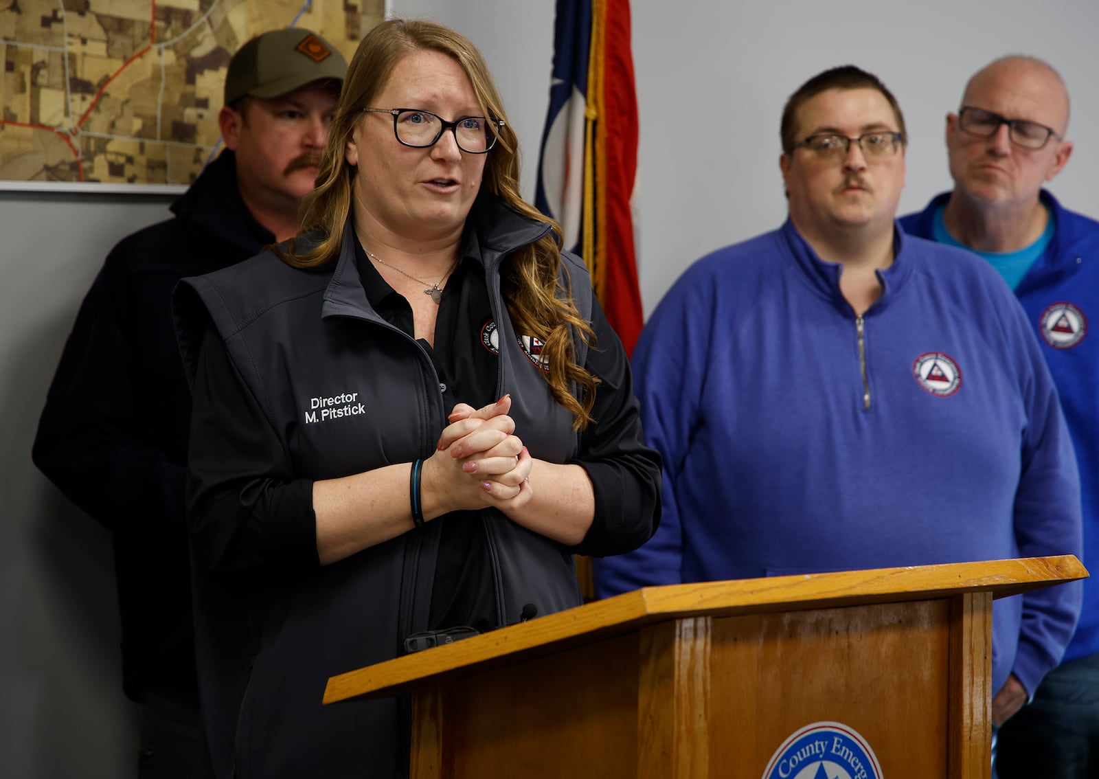 Michelle Clements-Pitstick, director of the Clark County Emergency Management Agency, gives an update Thursday, Feb. 29, 2024 on the tornado damage in the county. BILL LACKEY/STAFF