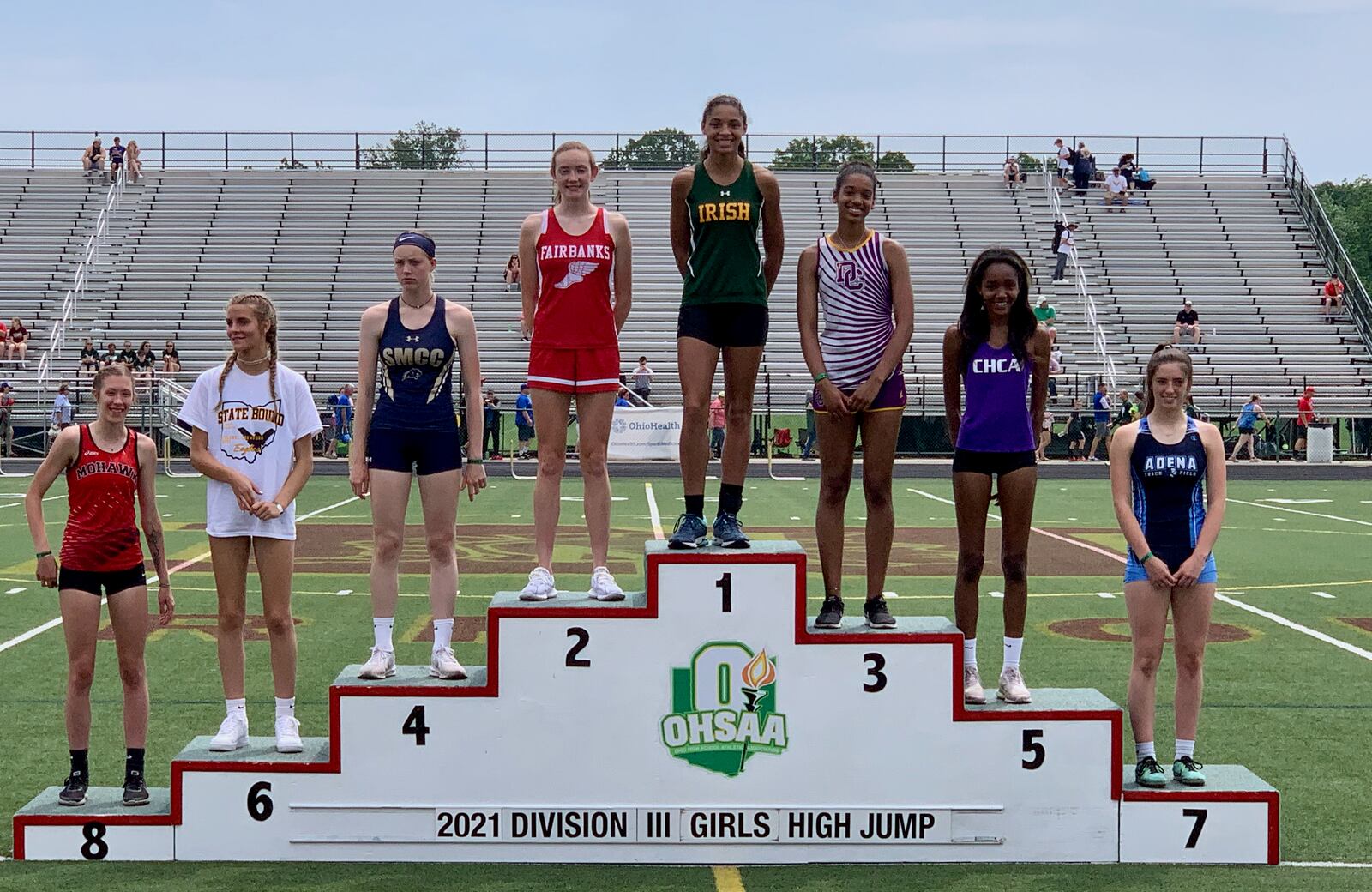 Catholic Central's Mallory Mullen stands atop the podium after winning the Division III state championship in the high jump on Friday, June 4, 2021, at Westerville North High School. Photo courtesy of Catholic Central High School