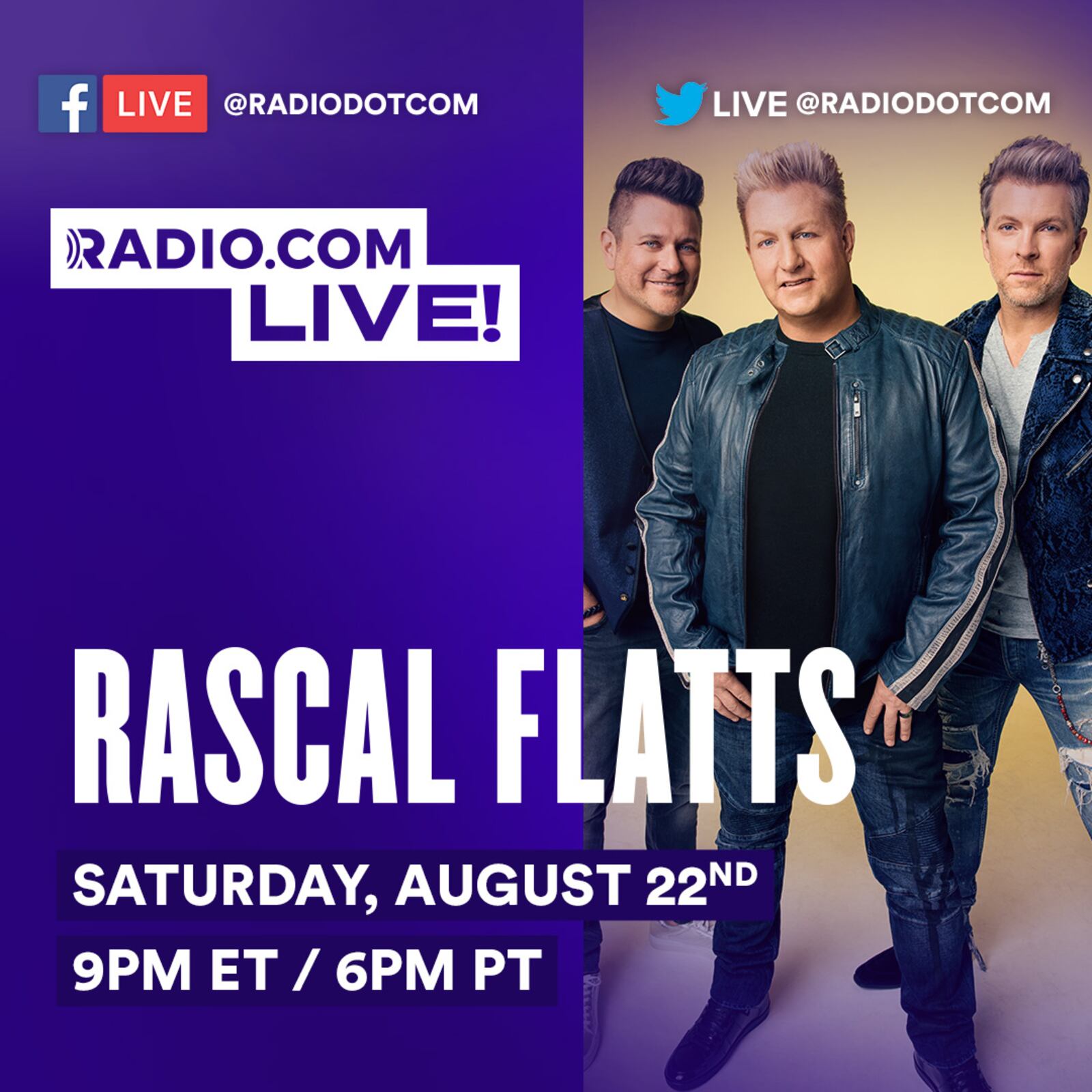 On Saturday, Aug. 22 at 9 p.m., country group Rascal Flatts will be hosting a virtual performance and interview on RADIO.com.