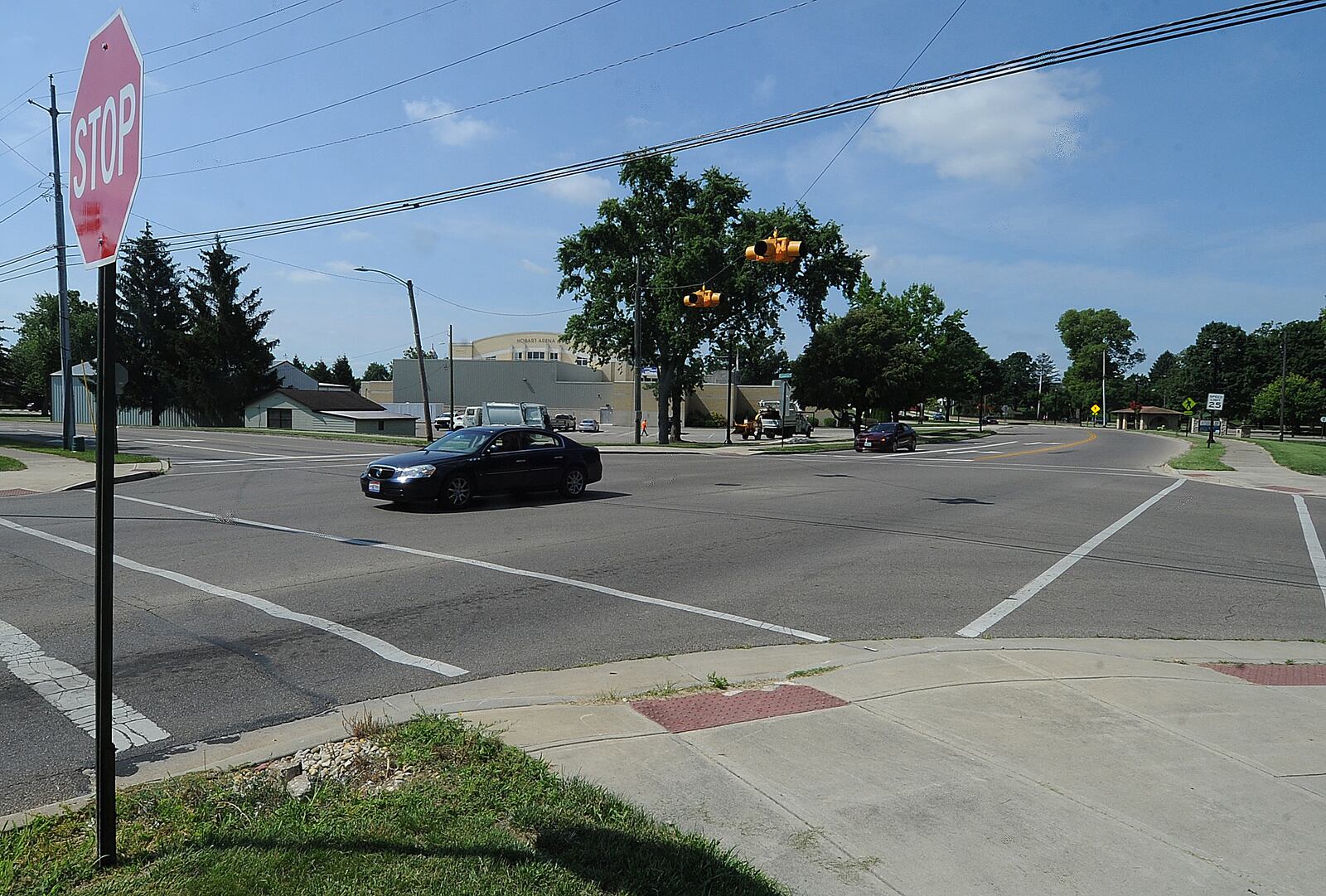 The intersection of Adams Street with Riverside Drive/Staunton Road, near Troy High School, Hobart Arena, and Riverside Cemetery in Troy is being considered for a roundabout in the future. MARSHALL GORBY\STAFF