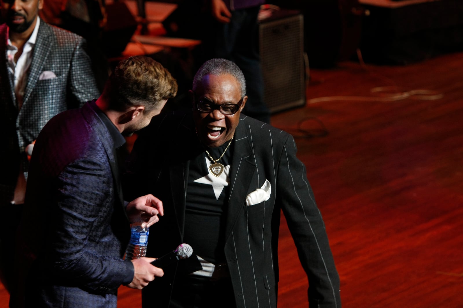 FILE - Sam Moore, right, with Justin Timberlakes attends the Memphis Music Hall of Fame Induction Ceremony, Oct. 17, 2015, in Memphis, Tenn. (AP Photo/Karen Pulfer Focht, File)