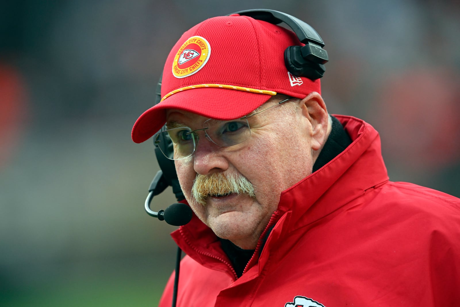 FILE - Kansas City Chiefs head coach Andy Reid walks on the sideline during an NFL football game against the Cleveland Browns, Sunday, Dec. 15, 2024, in Cleveland. (AP Photo/David Richard, File)