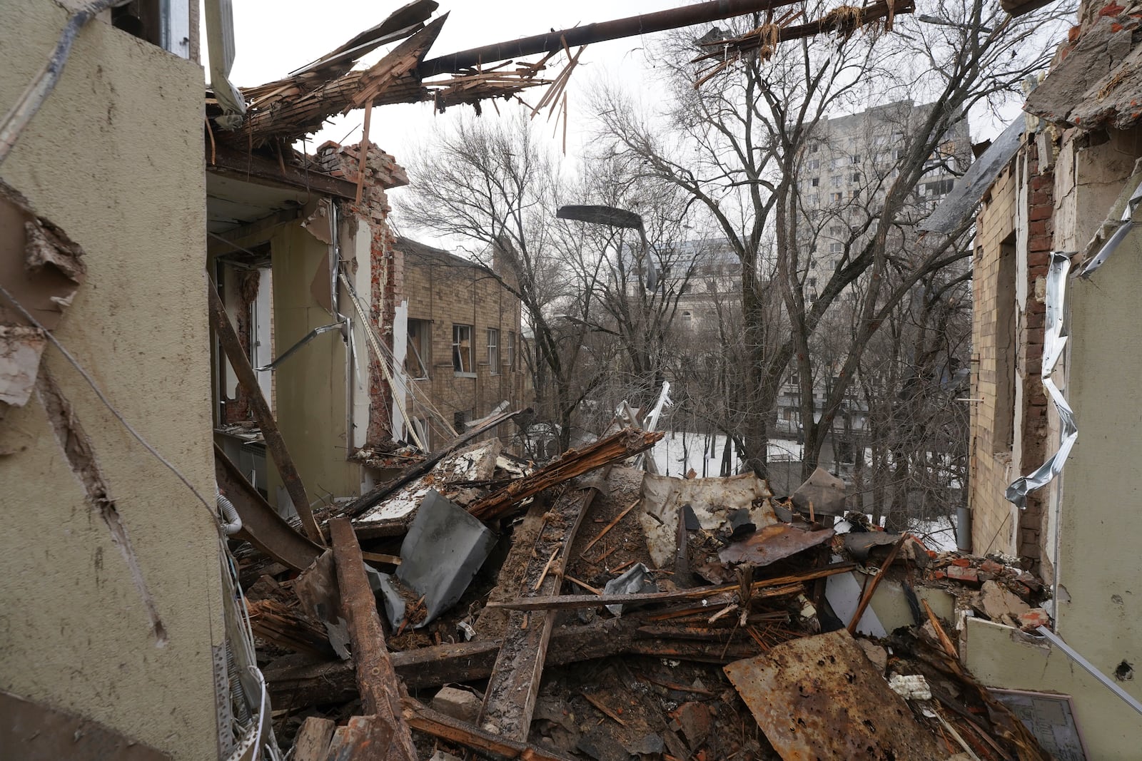 A view of a hospital damaged by a Russian strike, in Kharkiv, Ukraine, Saturday, March 1, 2025. (AP Photo/Andrii Marienko)