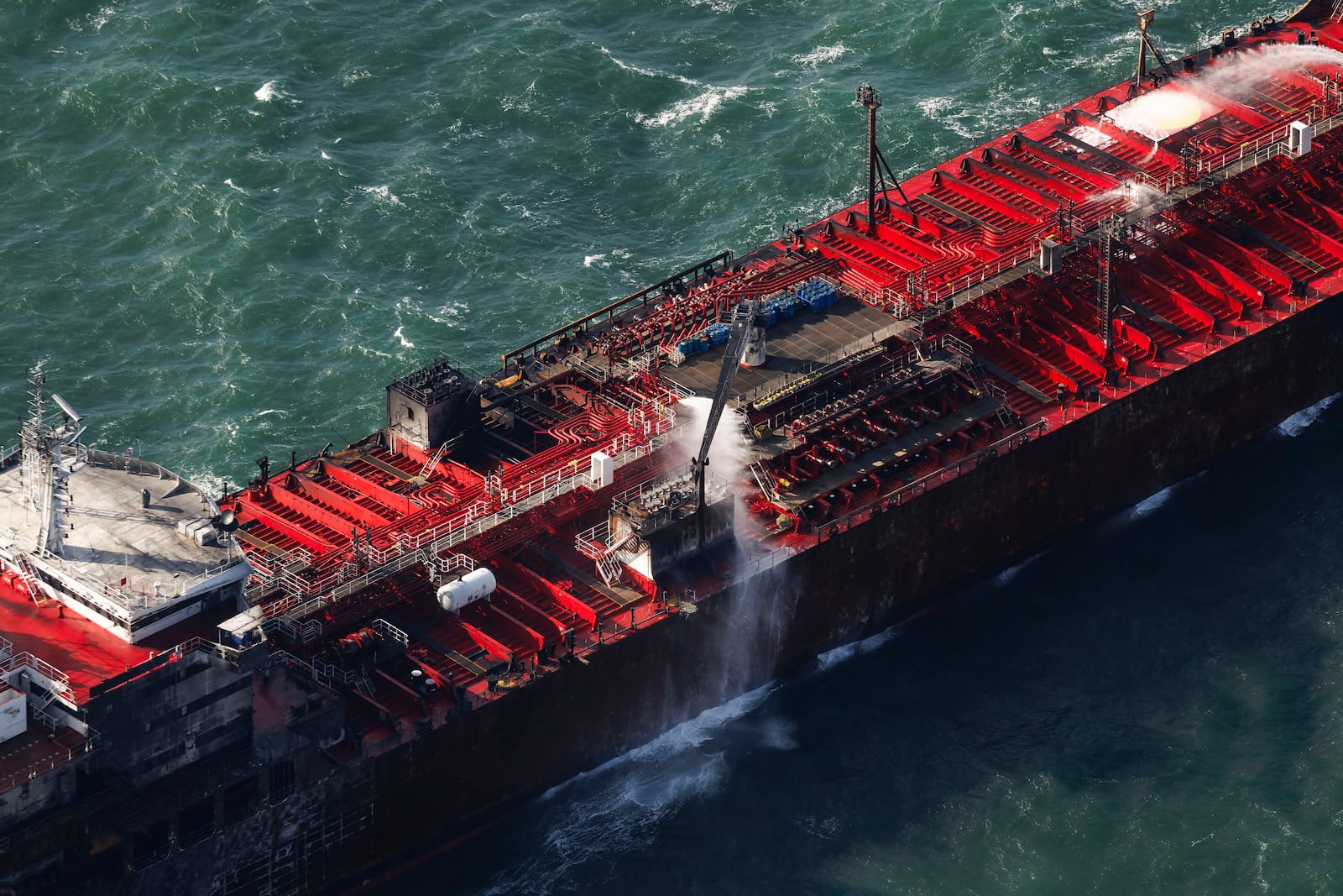 The damaged MV Stena Immaculate tanker at anchor off the Yorkshire coast in the North Sea, Tuesday, March 11, 2025 in England. (Dan Kitwood/Pool Photo via AP)