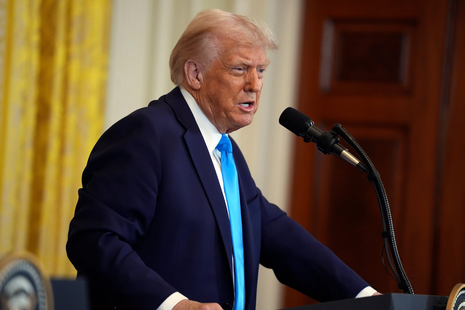 President Donald Trump speaks during a news conference with Israel's Prime Minister Benjamin Netanyahu ain the East Room of the White House, Tuesday, Feb. 4, 2025, in Washington. (AP Photo/Evan Vucci)