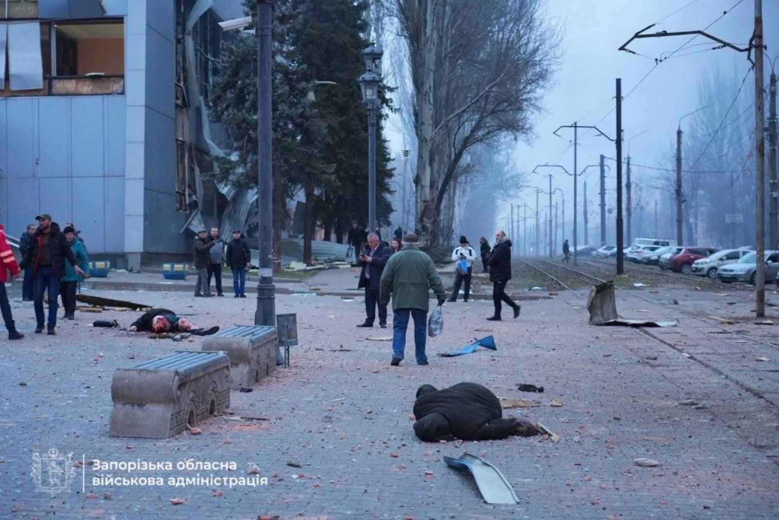 In this photo provided by the Zaporizhzhia regional military administration on Jan. 8, 2025, bodies lie on the ground killed in a Russian air strike in Zaporizhzhia, Ukraine. (Zaporizhzhia regional military administration via AP)