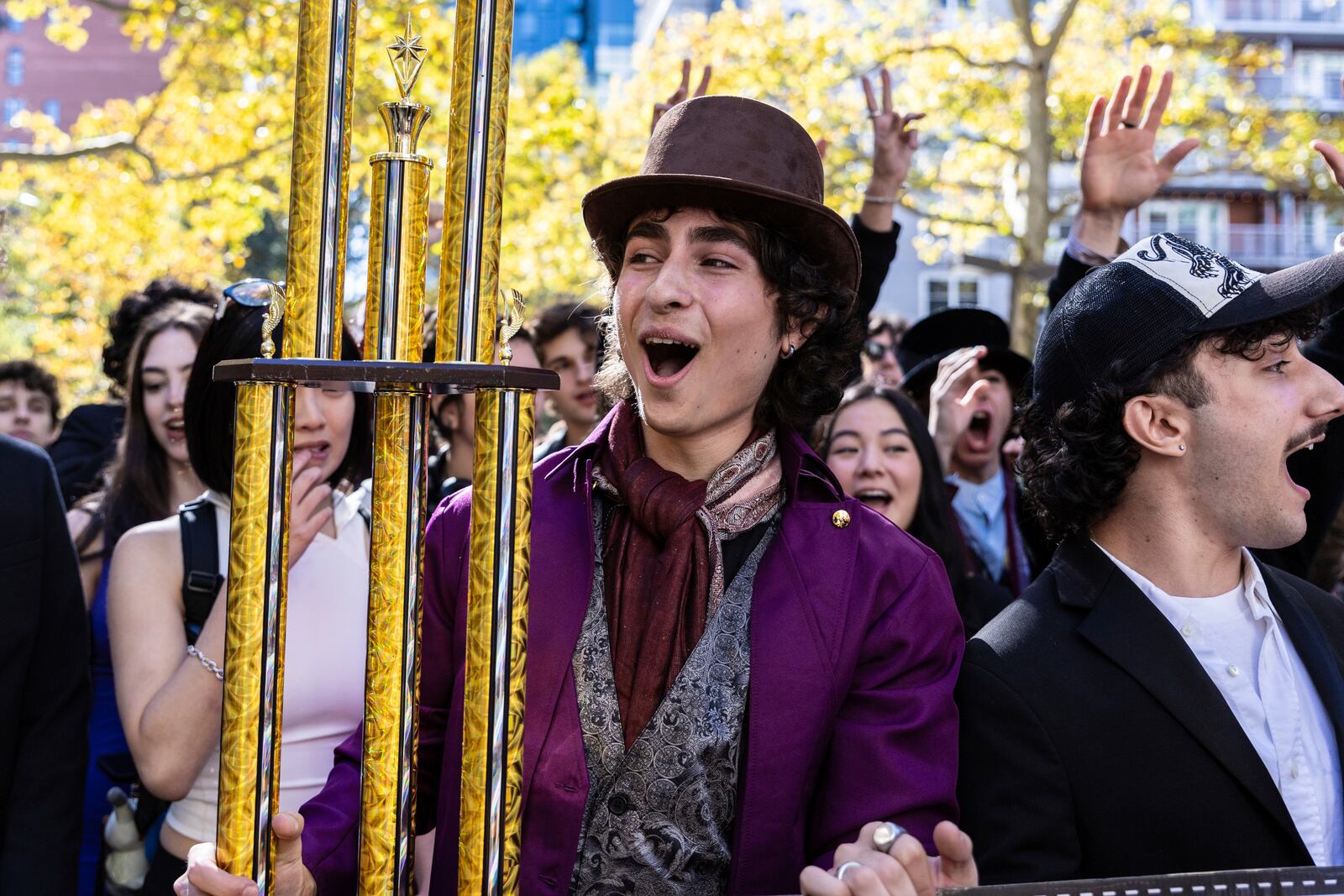 Miles Mitchel, 21, winner of the Timothee Chalomet lookalike contest held near Washington Square Park, Sunday, Oct. 27, 2024, in New York. (AP Photo/Stefan Jeremiah)