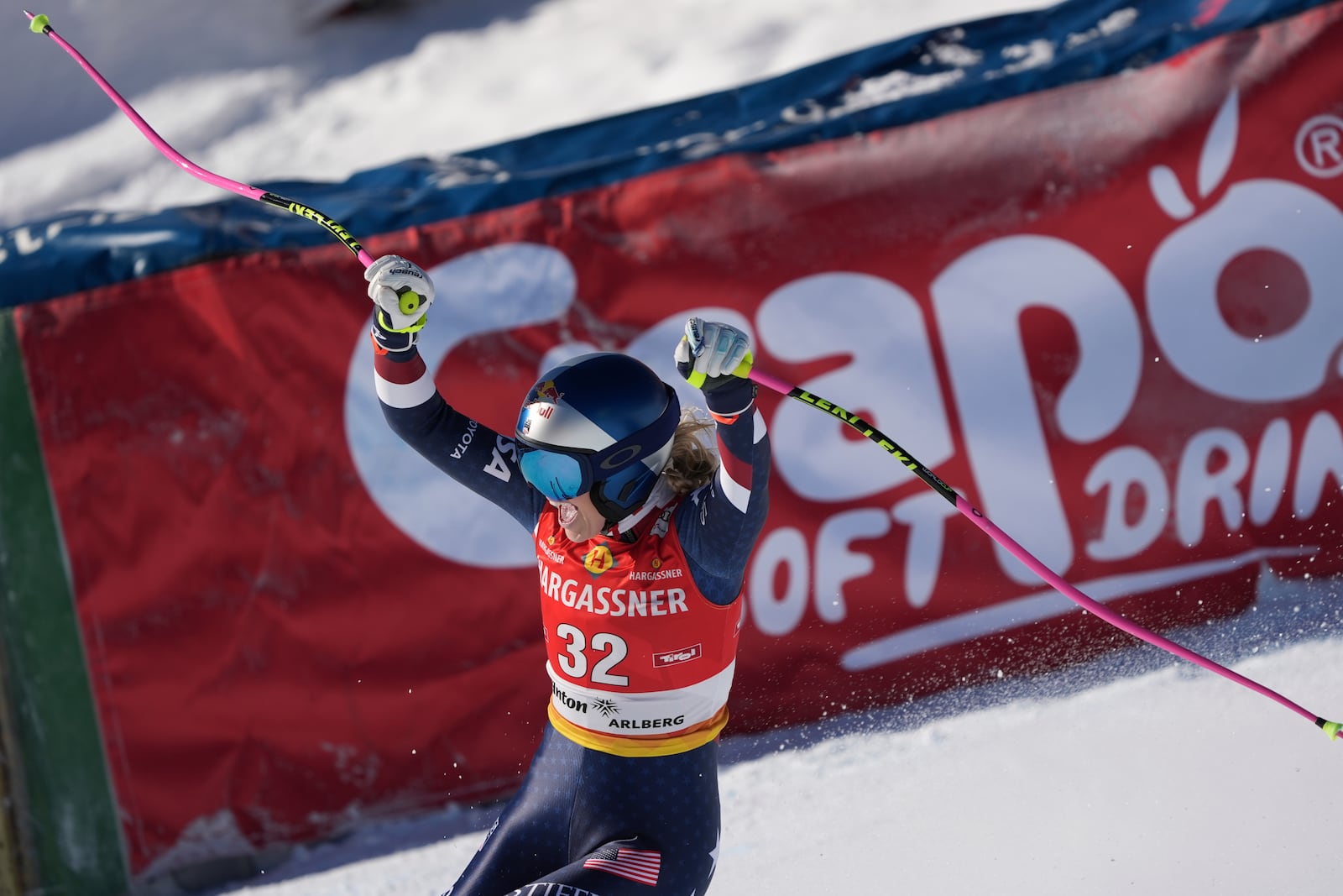 United States Lindsey Vonn reacts after completing an alpine ski, women's World Cup downhill race, in St. Anton, Austria, Saturday, Jan. 11, 2025. (AP Photo/Giovanni Auletta)