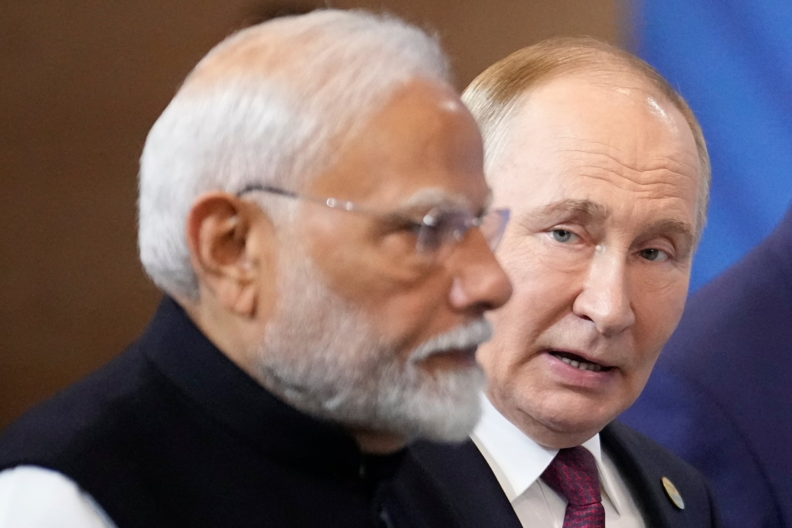 FILE - Indian Prime Minister Narendra Modi, left, and Russian President Vladimir Putin attend a family photo ceremony prior to the BRICS Summit plenary session in Kazan, Russia, on Oct. 23, 2024. (AP Photo/Alexander Zemlianichenko, Pool, File)