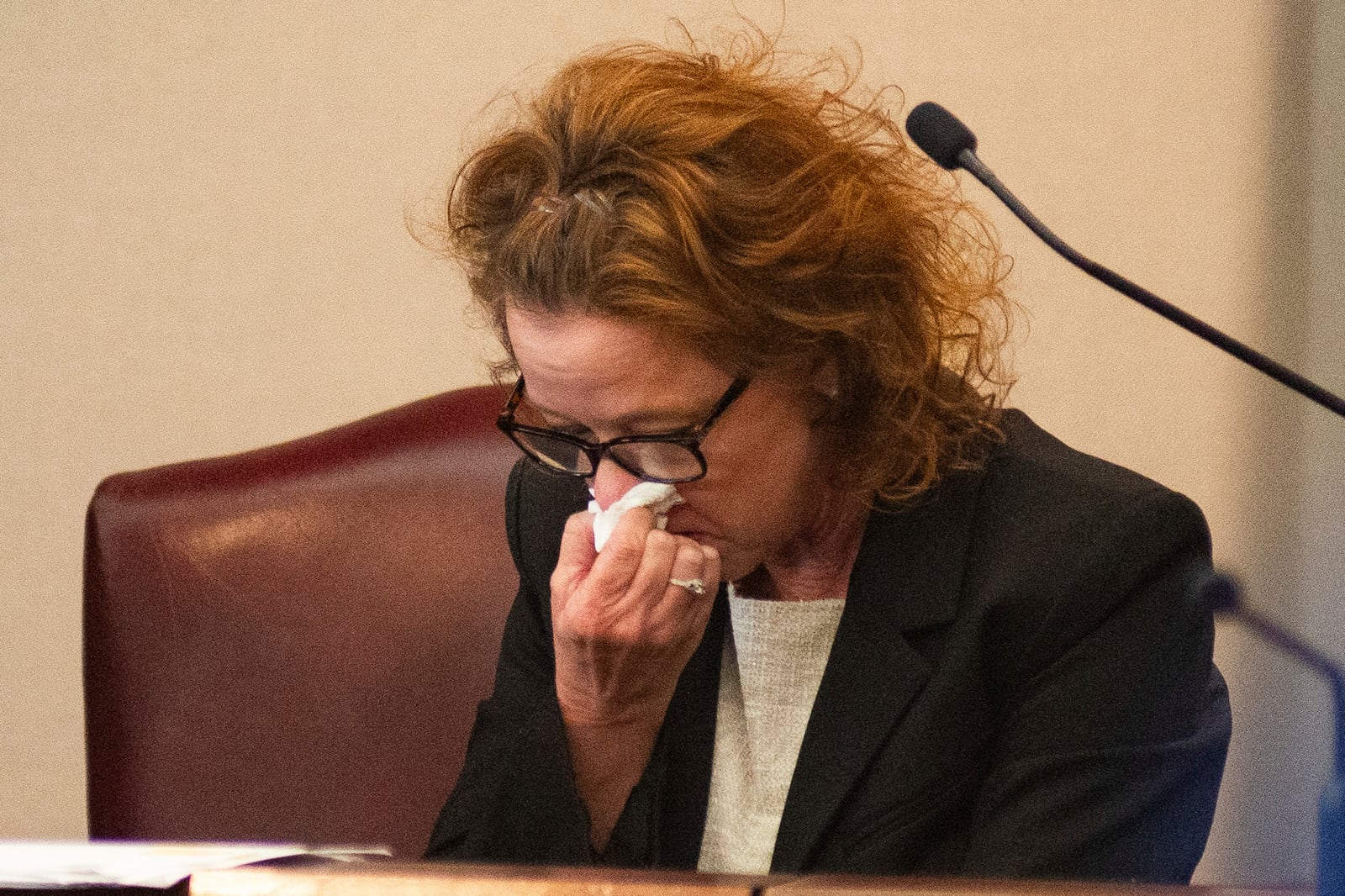 Former Brunswick Circuit District Attorney Jackie Johnson wipes tears after she testified about a chance meeting with Wanda Cooper-Jones, the mother of slain jogger Ahmaud Arbery, Tuesday, Feb. 4, 2025, in Brunswick, Ga. (Terry Dickson/The Brunswick News via AP, Pool)