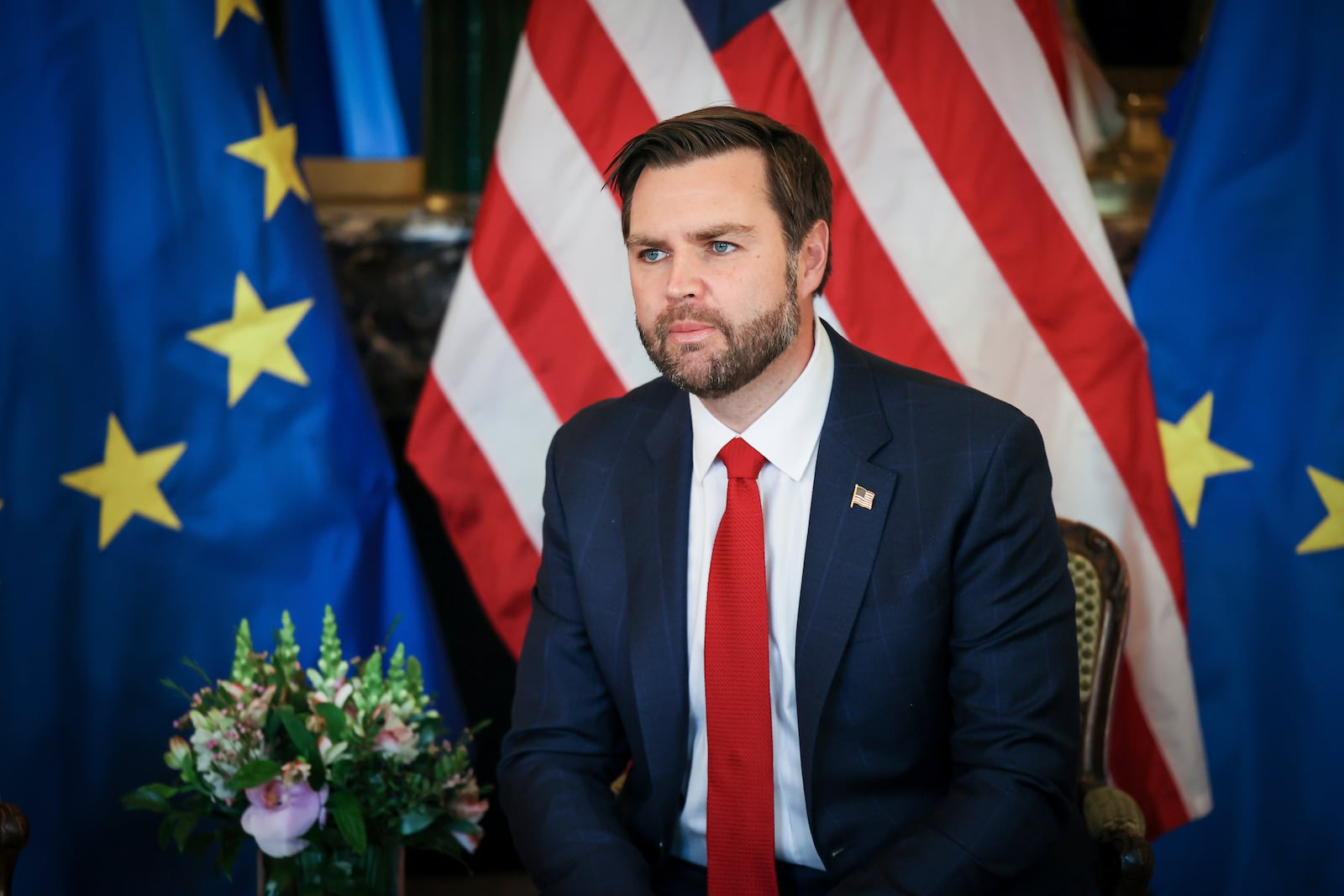 United States Vice-President JD Vance takes part in a bilateral meeting with European Commission President Ursula von der Leyen on the sidelines of the Artificial Intelligence Action Summit in Paris, Tuesday, Feb. 11, 2025. (AP Photo/Thomas Padilla)