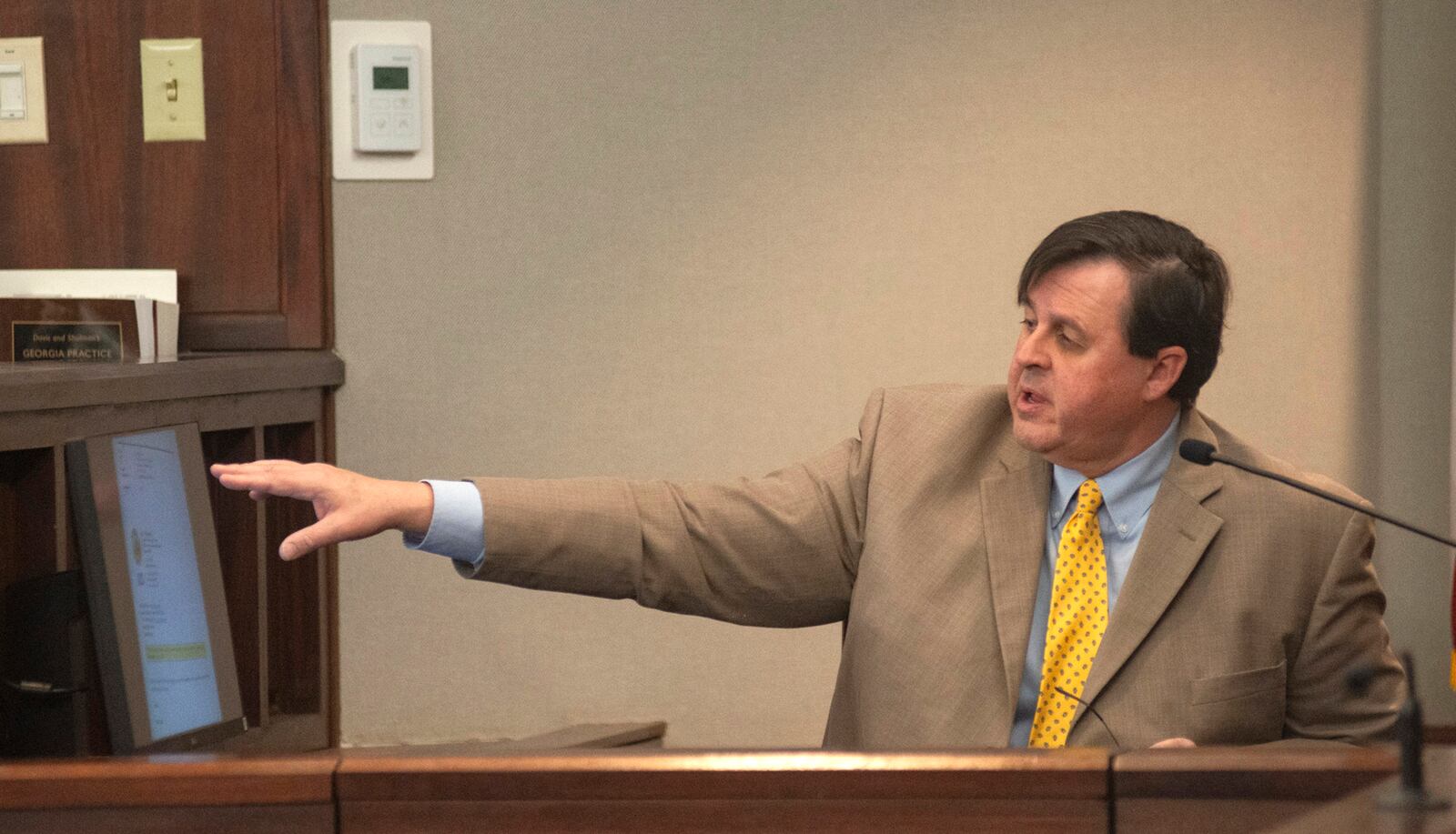 David McLaughlin, a career prosecutor and former assistant attorney general, testifies Thursday, Jan. 30, 2025, in Brunswick, Ga., about a conflict letter that is in front of him on a screen during former Brunswick District Attorney Jackie Johnson’s trial. (Terry Dickson/The Brunswick News via AP, Pool)