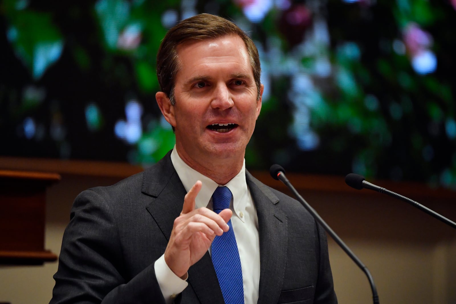 FILE - Kentucky Governor Andy Beshear gives his State of The Commonwealth address in the House chamber at the Kentucky State Capitol in Frankfort, Ky., Wednesday, Jan. 8, 2025. (AP Photo/Timothy D. Easley, File)