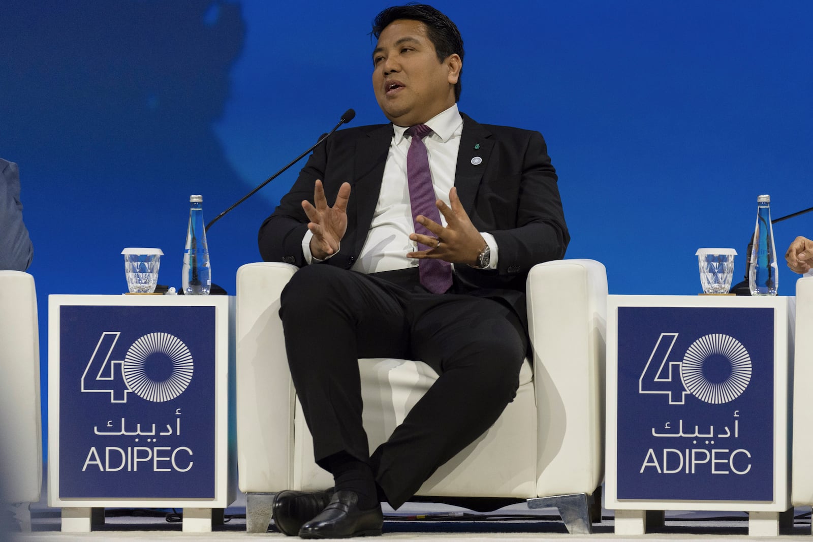 Tengku Muhammad Taufik President and CEO PETRONAS speaks on a panel, during the Abu Dhabi International Petroleum Exhibition & Conference (ADIPEC) in Abu Dhabi, United Arab Emirates, Monday, Nov. 4, 2024. (AP Photo/Altaf Qadri)