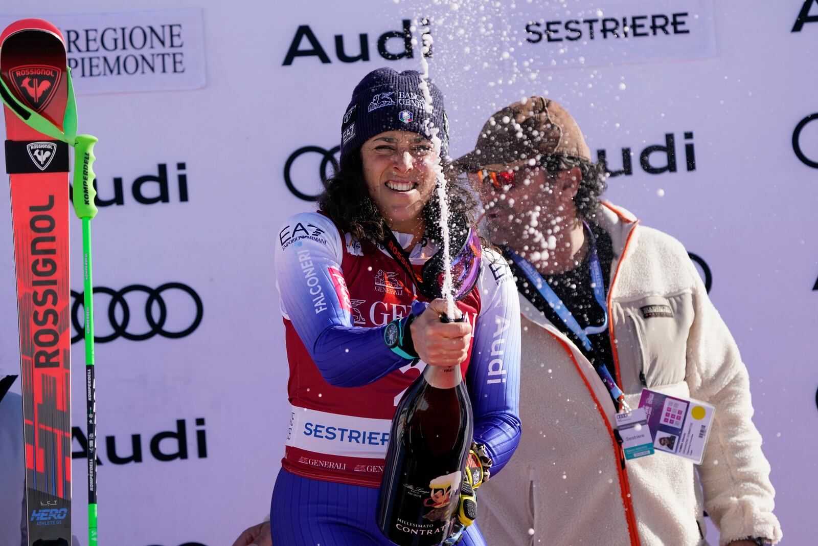 Italy's Federica Brignone celebrates winning an alpine ski, women's World Cup giant slalom, in Sestriere, Italy, Friday, Feb. 21, 2025. (AP Photo/Marco Tacca)