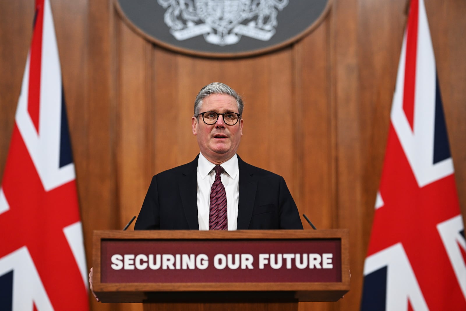 Britain's Prime Minister Keir Starmer speaks at a press conference following this morning's virtual summit video conference at 10 Downing Street in London, England, March 15, 2025. (Leon Neal/Pool Photo via AP)