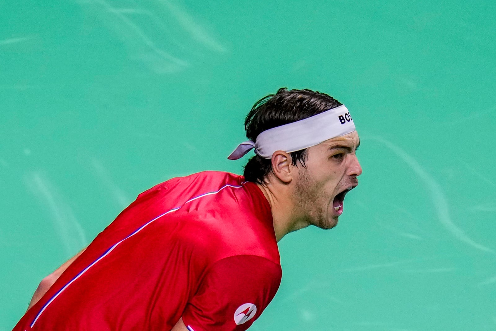 Taylor Fritz of the United States celebrates a point against Australia's Alex de Minaur during a Davis Cup quarterfinal match at the Martin Carpena Sports Hall, in Malaga, southern Spain, on Thursday, Nov. 21, 2024. (AP Photo/Manu Fernandez)