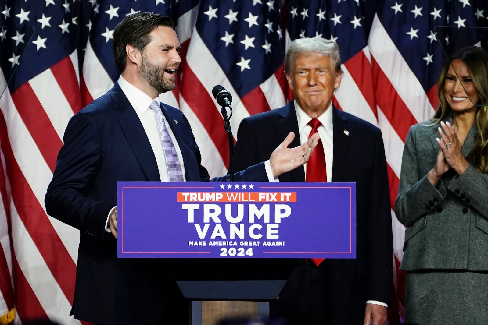 
U.S. Sen. JD Vance (R-Ohio), who was elected vice president on Tuesday is, joined by President-elect Donald Trump and his wife Melania Trump  at an election night event at the Palm Beach County Convention Center in West Palm Beach, Fla., on Wednesday, Nov. 6, 2024. (Haiyun Jiang/The New York Times)
                      