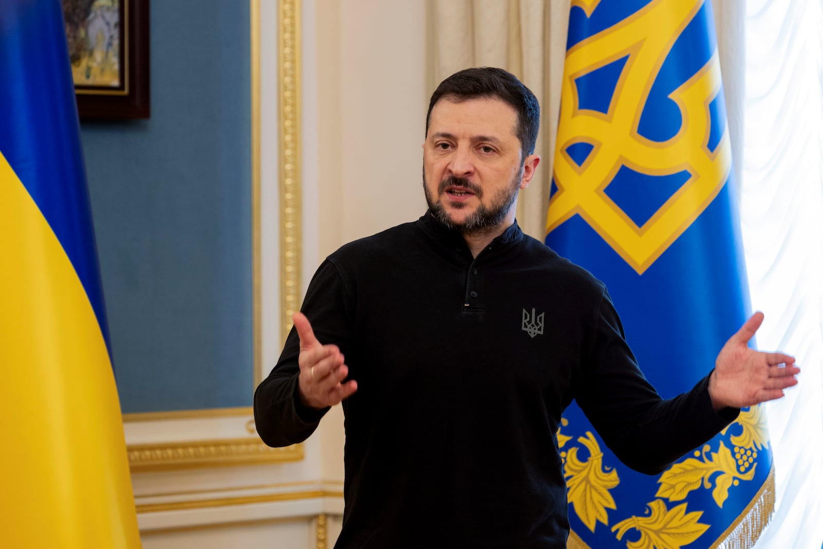 Ukraine's President Volodymyr Zelensky gives a press conference in Kyiv, Wednesday, Feb. 19, 2025. (Tetiana Dzhafarova/Pool Photo via AP)