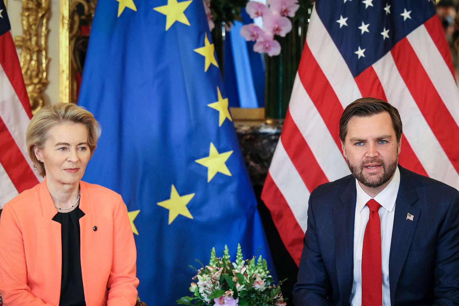 United States Vice-President JD Vance, right, and European Commission President Ursula von der Leyen during a bilateral meeting on the sidelines of the Artificial Intelligence Action Summit in Paris, Tuesday, Feb. 11, 2025. (AP Photo/Thomas Padilla)