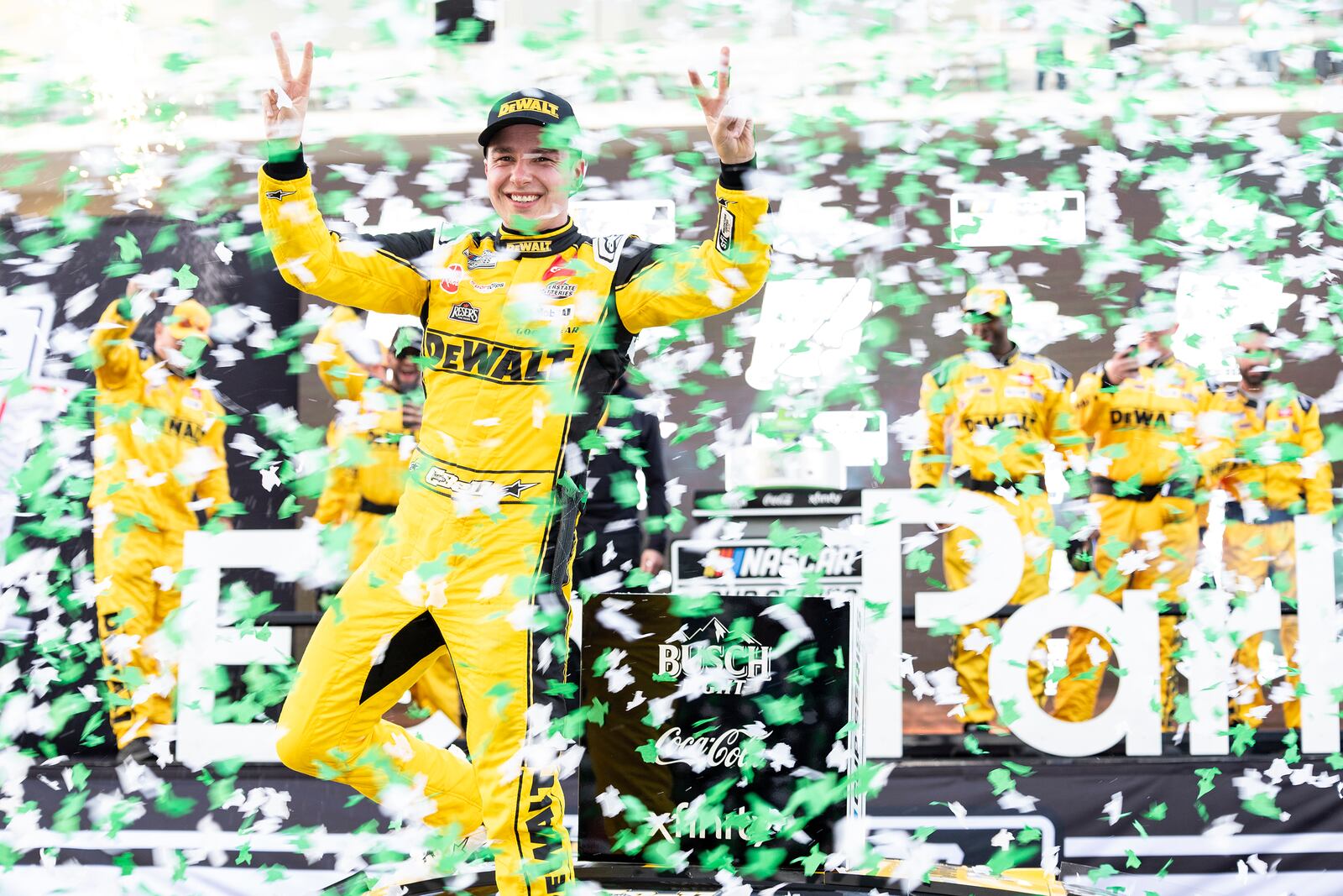 Christopher Bell celebrates after his win in a NASCAR Cup Series auto race at Circuit of the Americas in Austin, Texas, Sunday, March 2, 2025. (AP Photo/Stephen Spillman)