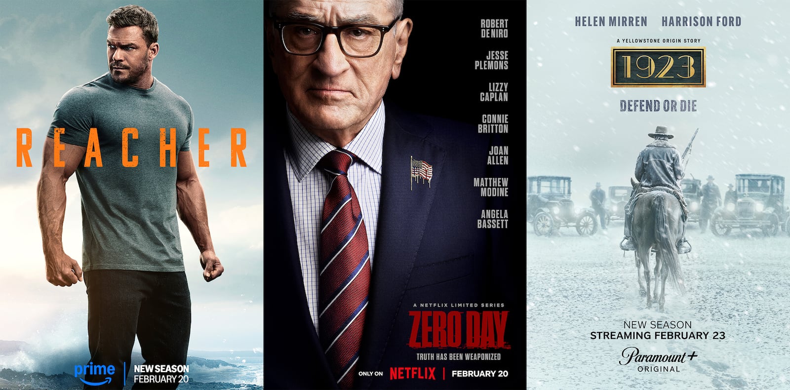 This combination of photos show promotional art for the series "Reacher," from left, "Zero Day," and "1923." (Amazon Prime/Netflix/Paramount+ via AP)