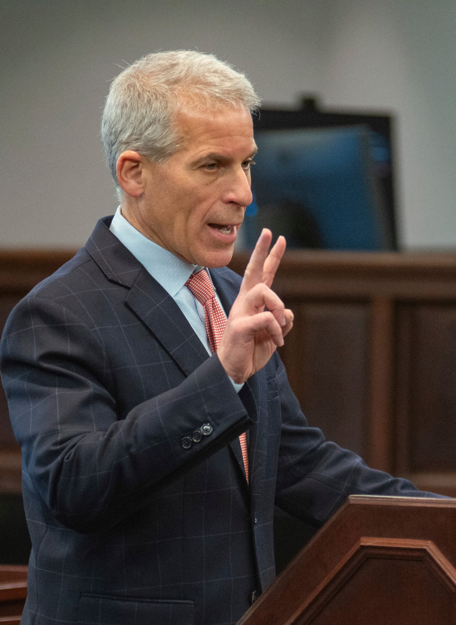 Lead defense lawyer Brian Steel makes his opening statement to the jury Tuesday, Jan. 28, 2025, in Brunswick, Ga., in the trial of former Brunswick Judicial Circuit District Attorney Jackie Johnson who is accused of obstruction of justice and violating her oath of office. (Terry Dickson/The Brunswick News via AP, Pool)