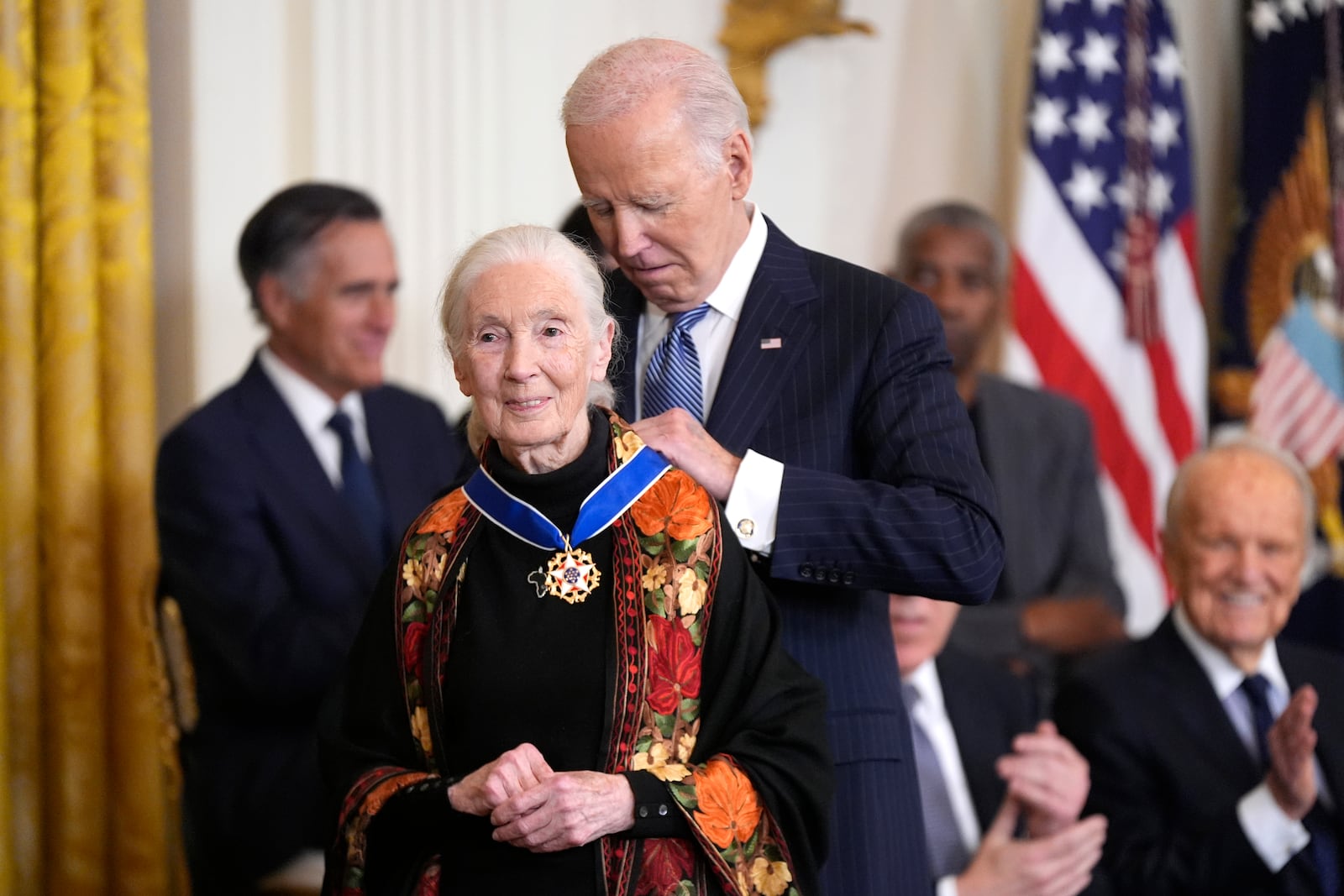 President Joe Biden, right, presents the Presidential Medal of Freedom, the Nation's highest civilian honor, to conservationist Jane Goodall in the East Room of the White House, Saturday, Jan. 4, 2025, in Washington. (AP Photo/Manuel Balce Ceneta)