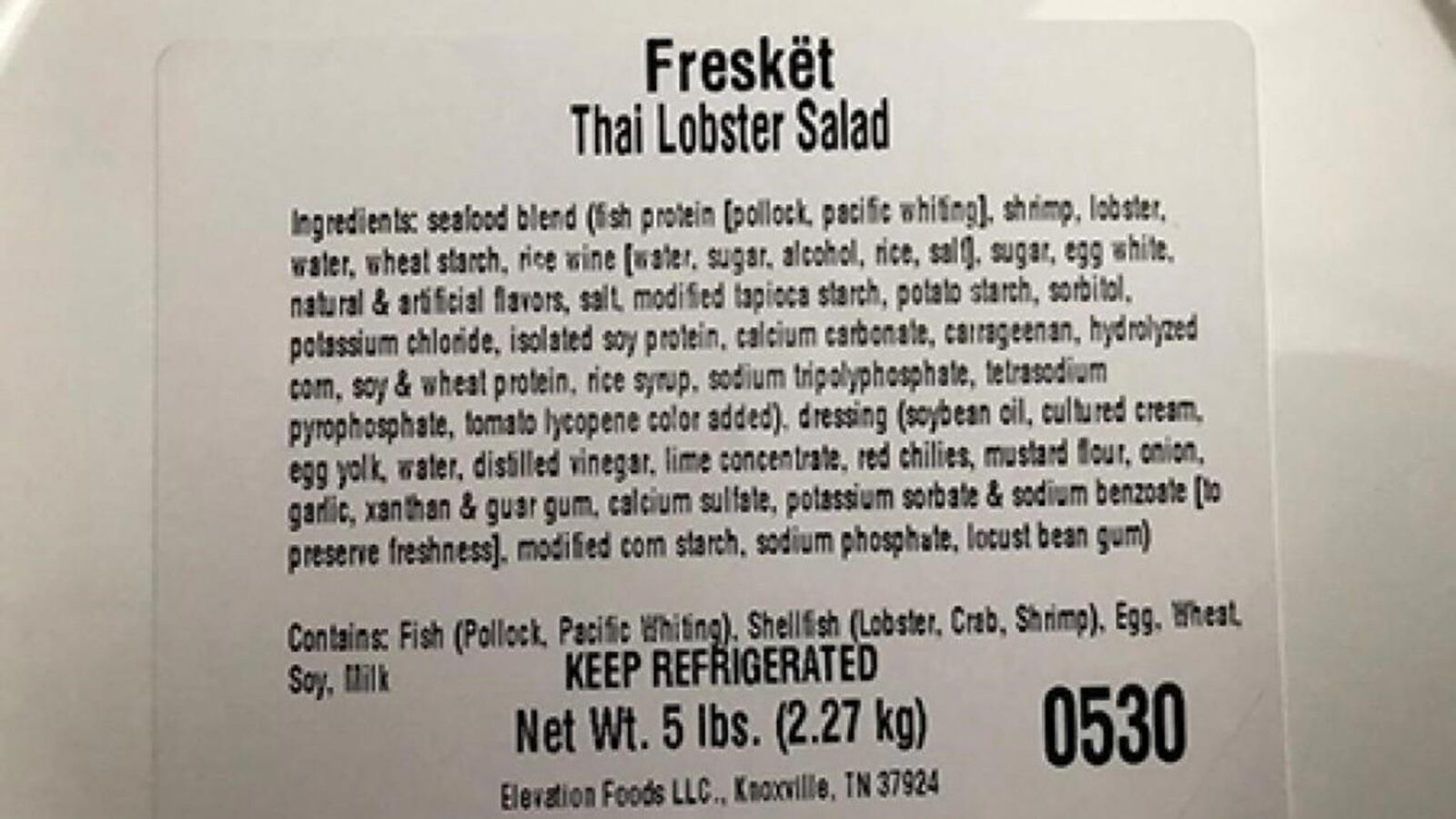 Freskët-brand Thai Lobster Salad packaged in a 5-pound white, round, plastic container, Lot Number W1906041, Use By 02AUG2019A (printed on the side of each container) (www.fda.gov)