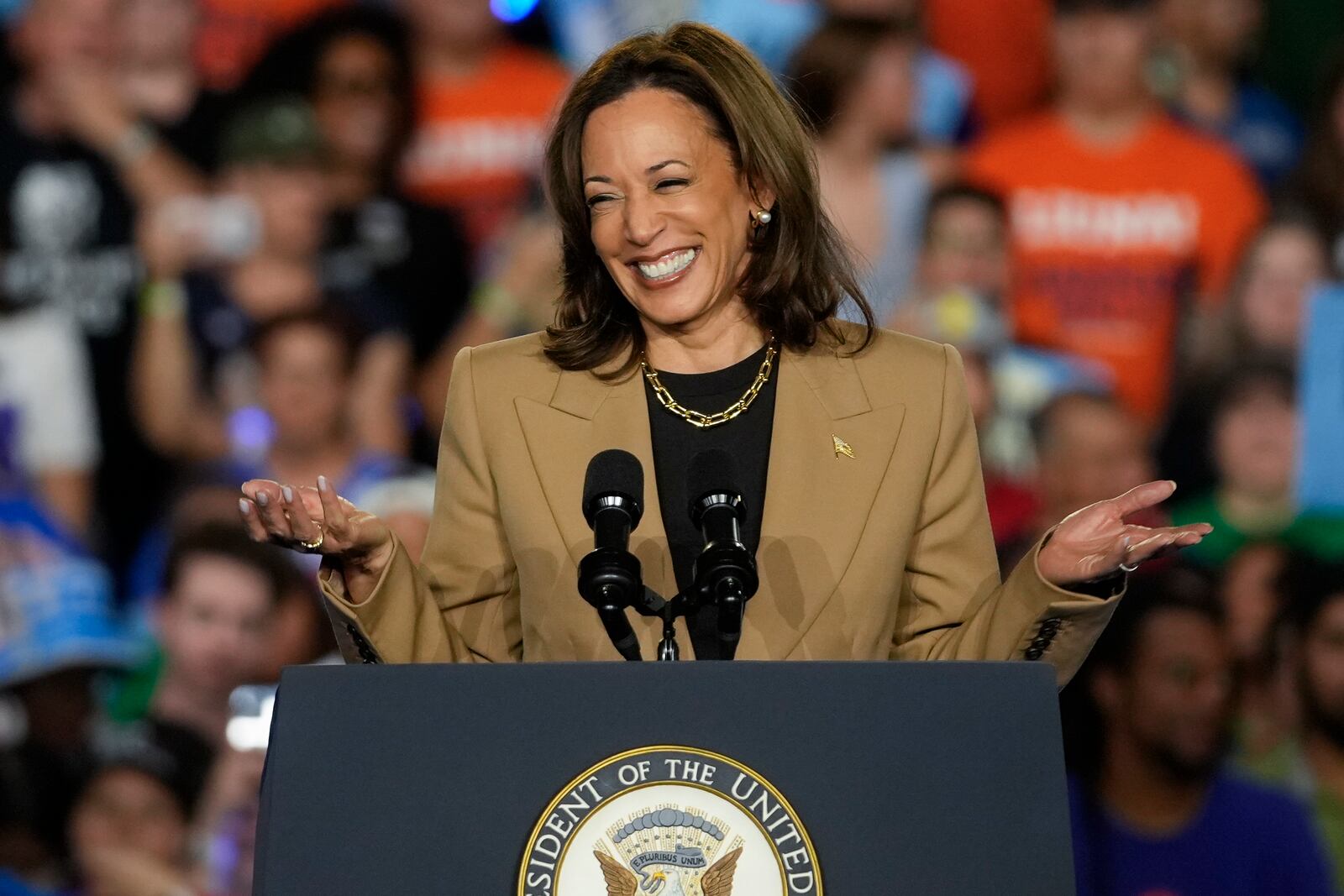 Democratic presidential nominee Vice President Kamala Harris speaks, Thursday, Oct. 10, 2024, on the Gila River Indian Community reservation near Chandler, Ariz. (AP Photo/Matt York)