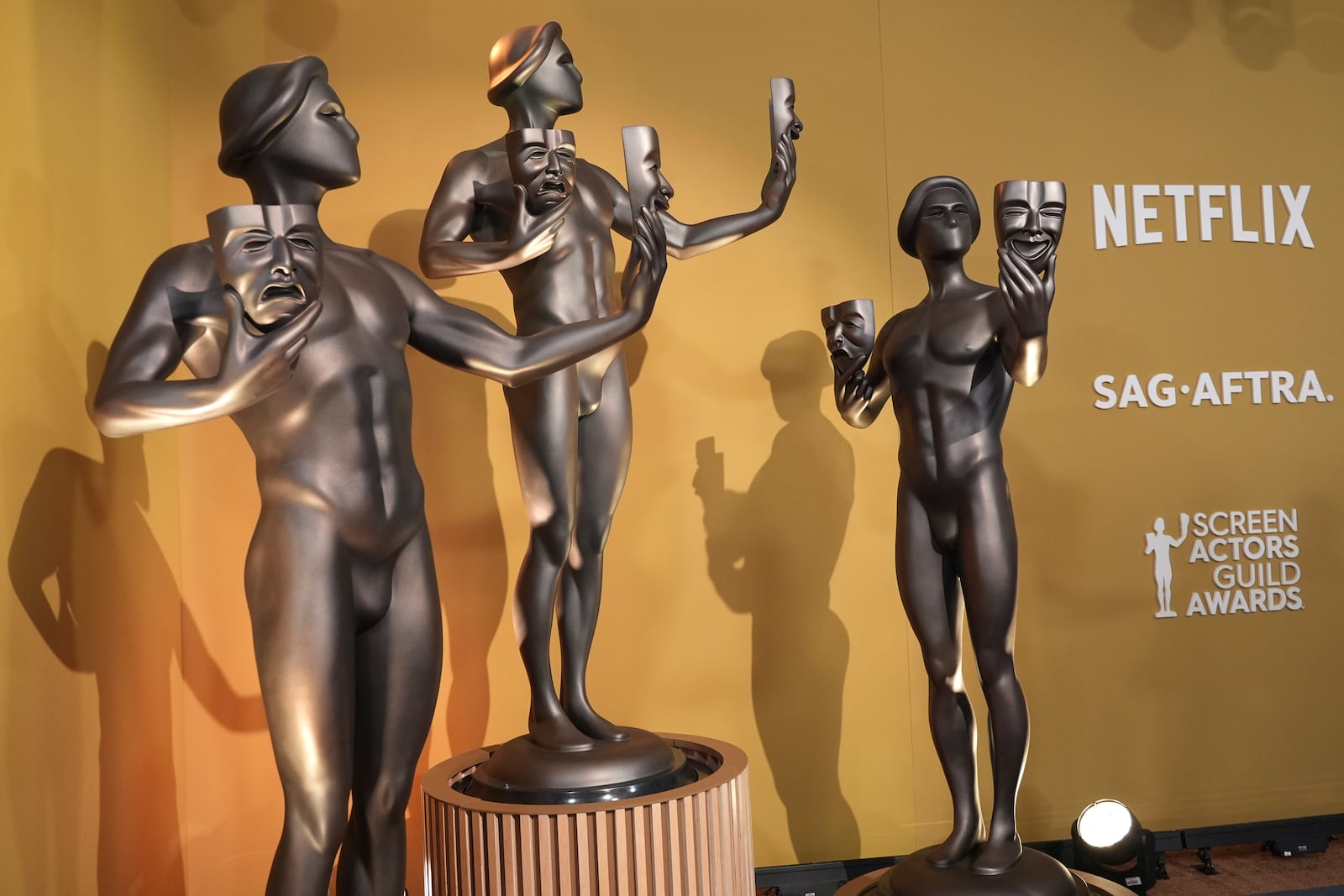 SAG Award statuettes are seen prior the 31st annual Screen Actors Guild Awards on Sunday, Feb. 23, 2025, at the Shrine Auditorium in Los Angeles. (AP Photo/Chris Pizzello)