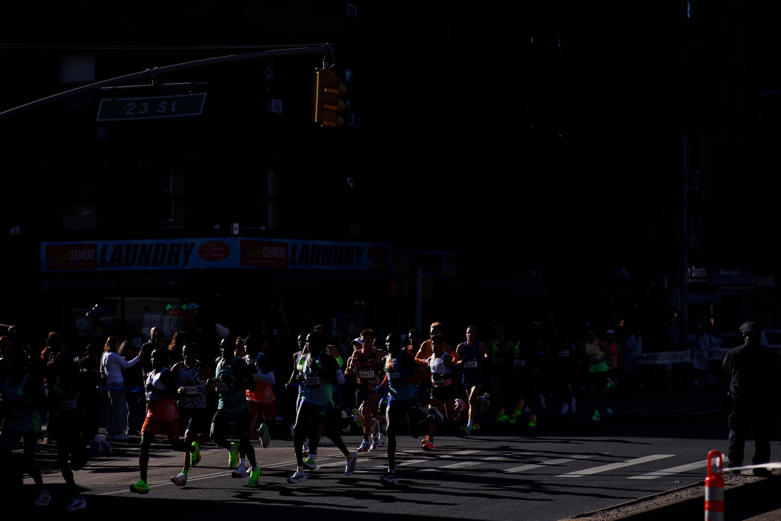 Runners in the men's elite division make their way through the Brooklyn borough during the New York City Marathon, Sunday, Nov. 3, 2024, in New York. (AP Photo/Eduardo Munoz Alvarez)