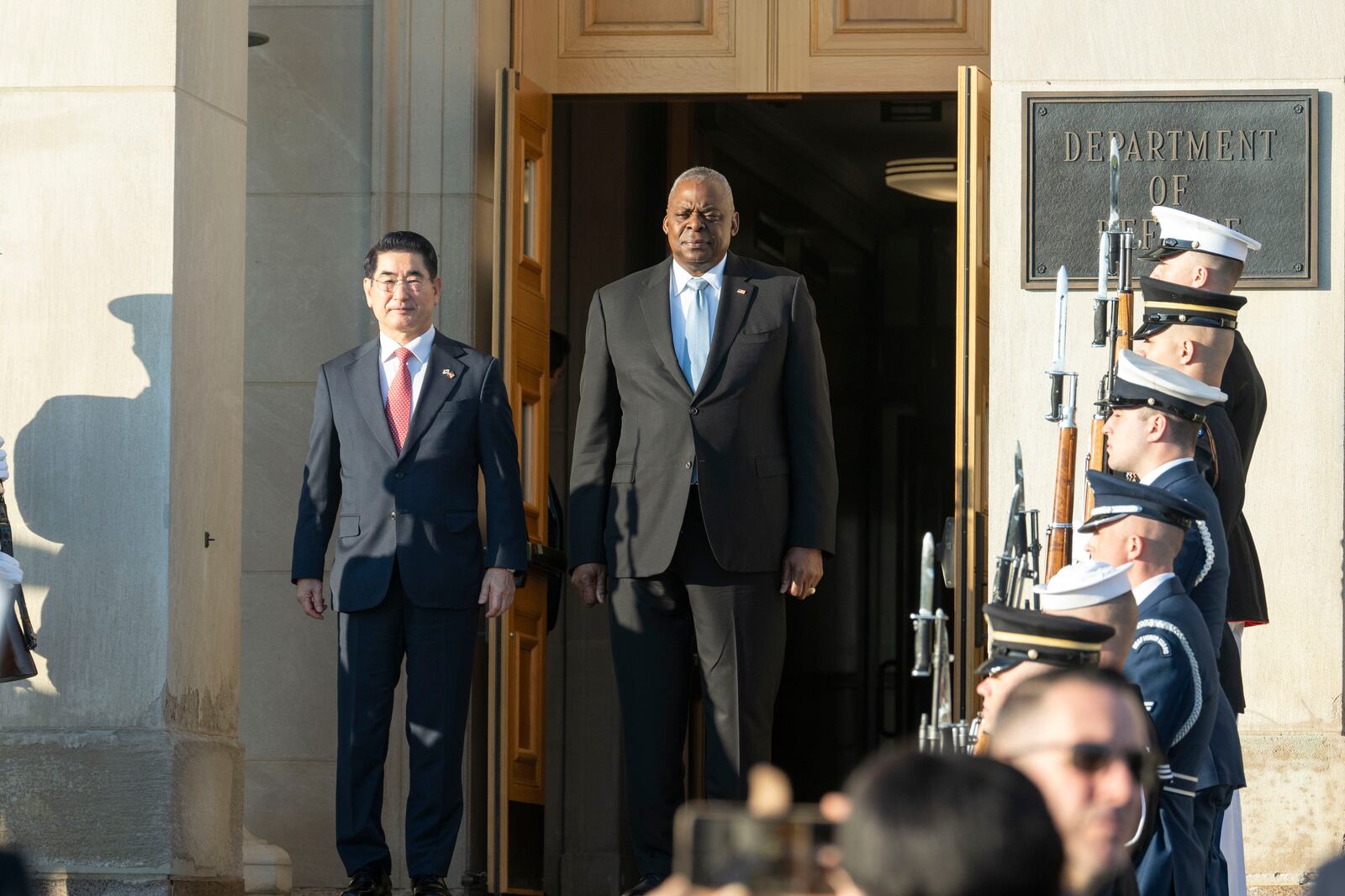 Defense Secretary Lloyd Austin, right, welcomes South Korean Defense Minister Kim Yong Hyun, left, to the Pentagon on Wednesday, Oct. 30, 2024 in Washington. (AP Photo/Kevin Wolf)