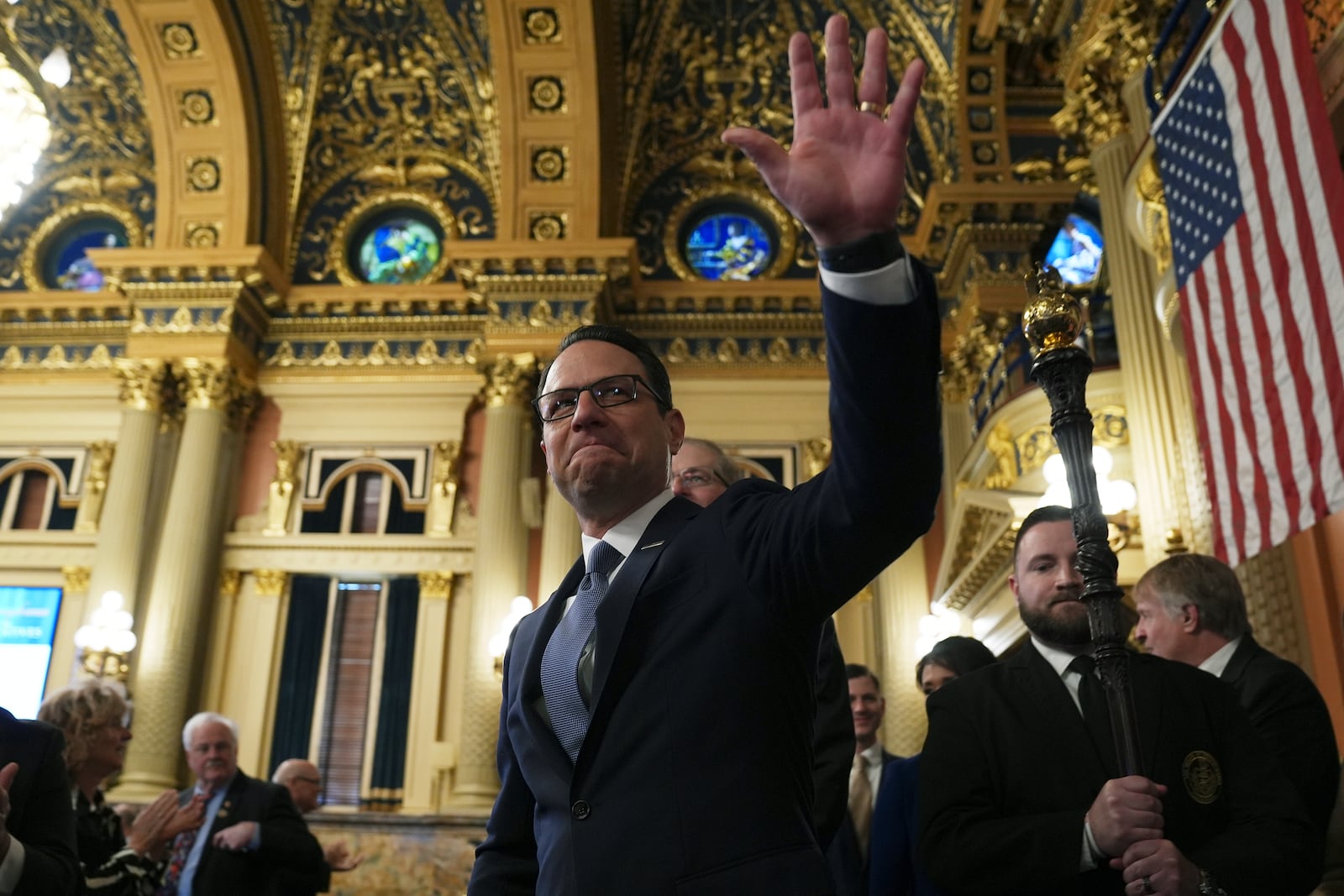 Pennsylvania Gov. Josh Shapiro arrives to deliver his budget address for the 2025-26 fiscal year to a joint session of the state House and Senate at the Capitol is seen, Tuesday, Feb. 4, 2025, in Harrisburg, Pa. (AP Photo/Matt Rourke)