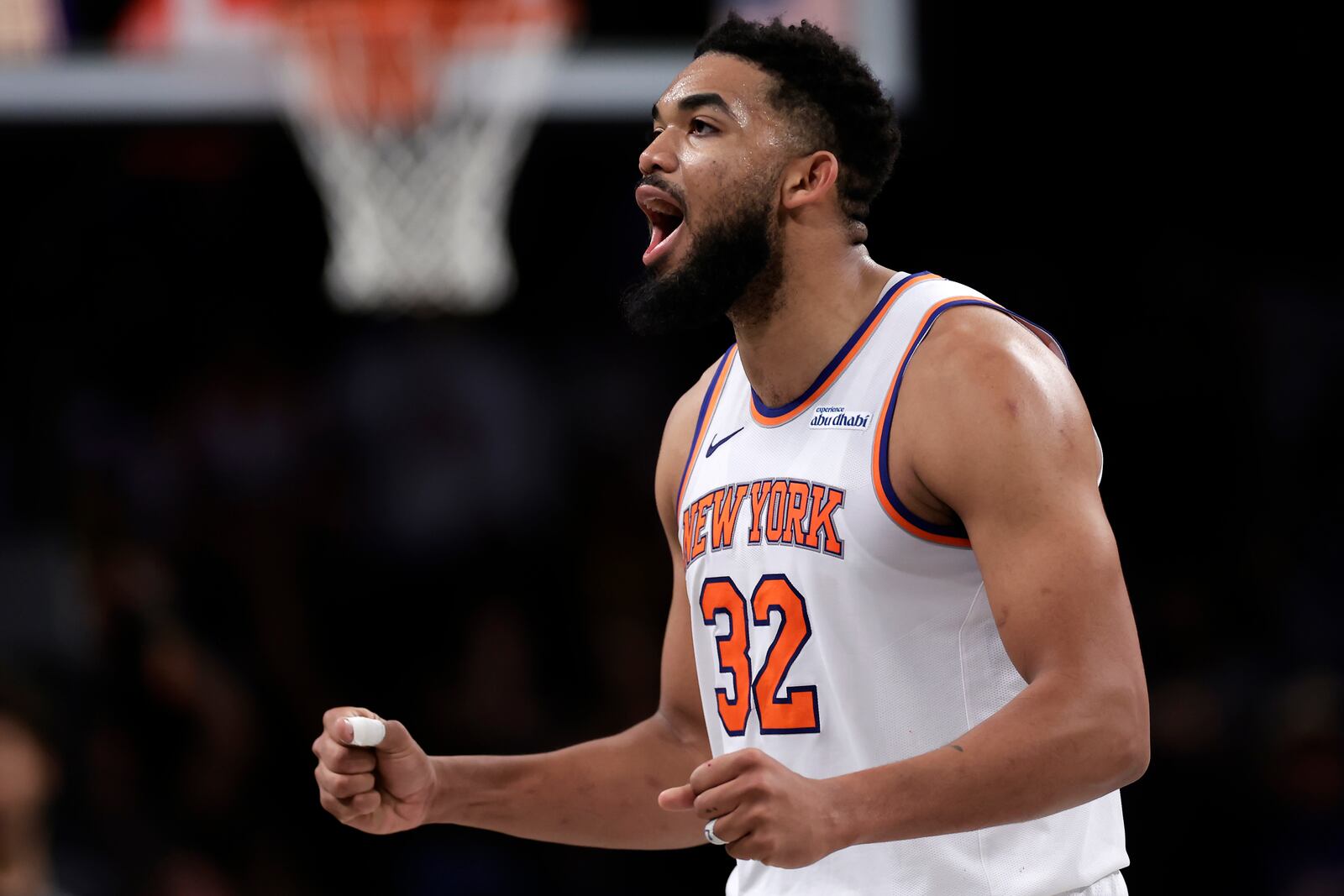 New York Knicks center Karl-Anthony Towns reacts after a basket late in the second half of an NBA basketball game against the Brooklyn Nets, Tuesday, Jan. 21, 2025, in New York. (AP Photo/Adam Hunger)