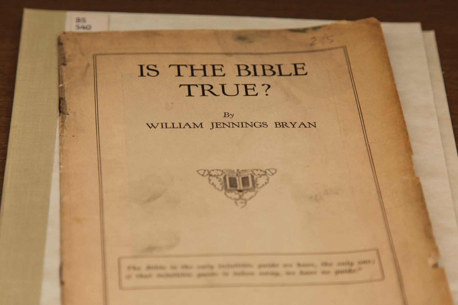 A manuscript titled "Is the Bible True" authored by William Jennings Bryan is seen at the Tennessee State Library and Archives in Nashville, Tenn., on Monday, March 3, 2025. (AP Photo/Kristin M. Hall)